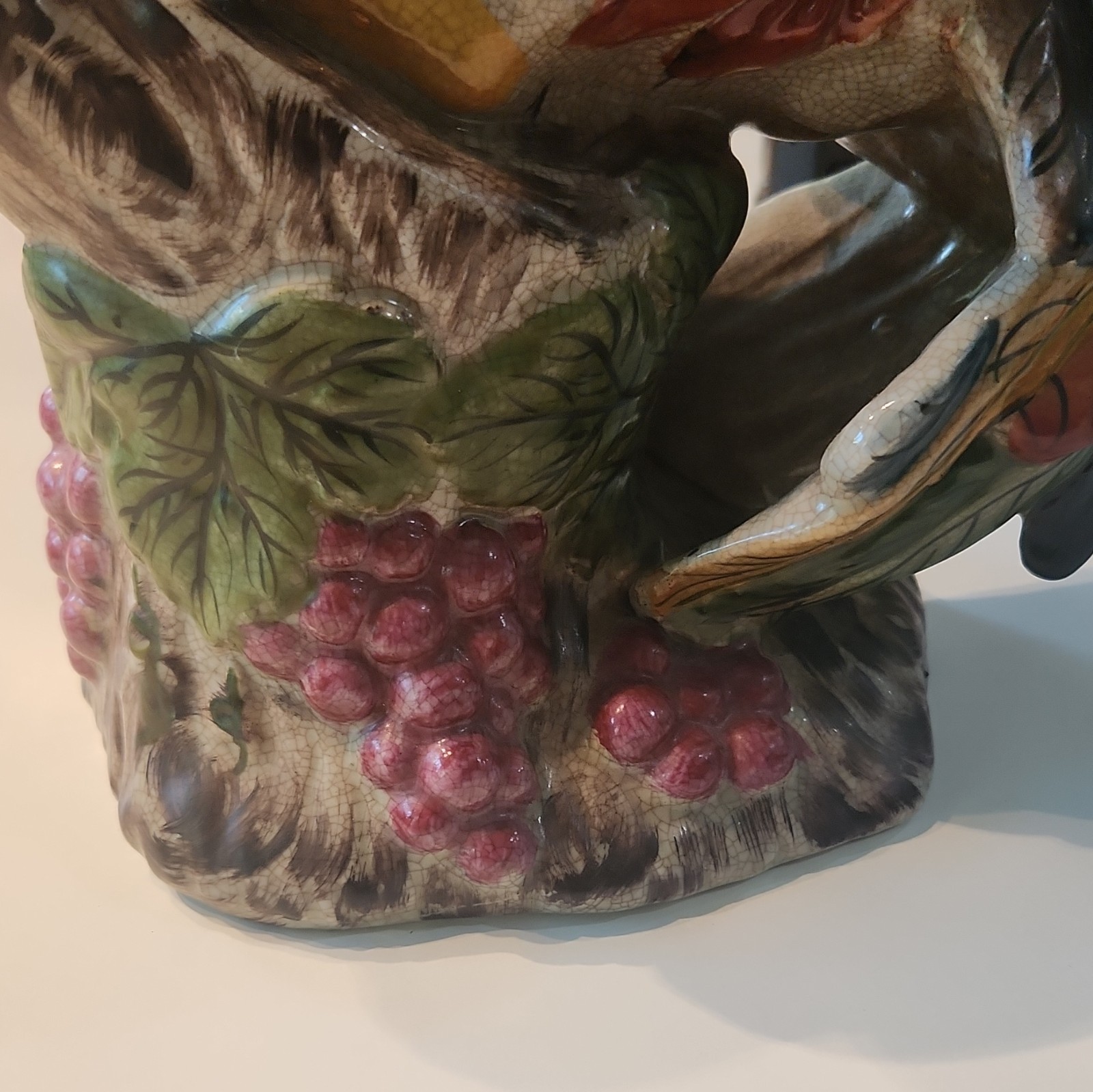 Porcelain Multicolor Rooster Chicken Figurine Sculpture W/ Grape Vine Base