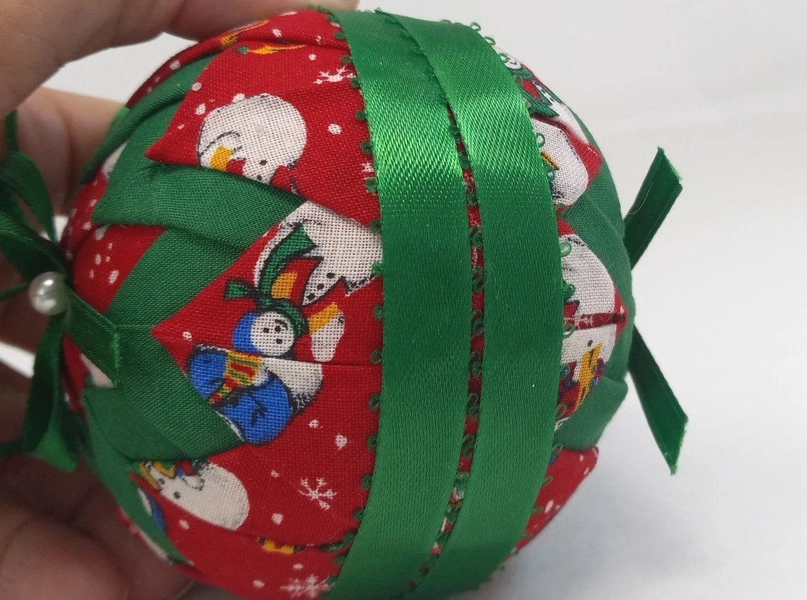 Handmade Folded Star Quilted Patch Ornament Red Green Christmas 3″