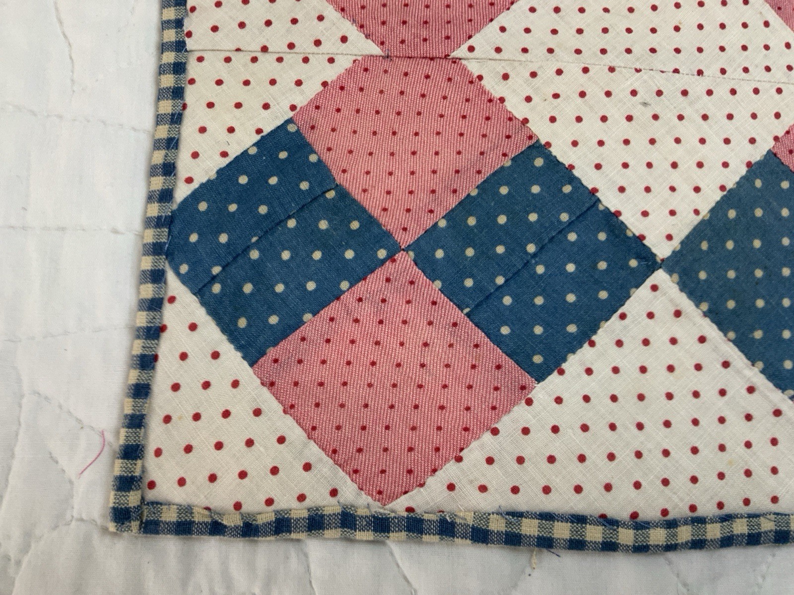 Vintage/Antique Patchwork Quilt Table Topper, Four Patch, Pink, Blue, Dots