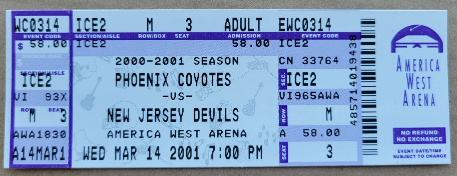 Phoenix Coyotes New Jersey Devils Program Ticket NHL March 14 2001 Wayne Gretzky