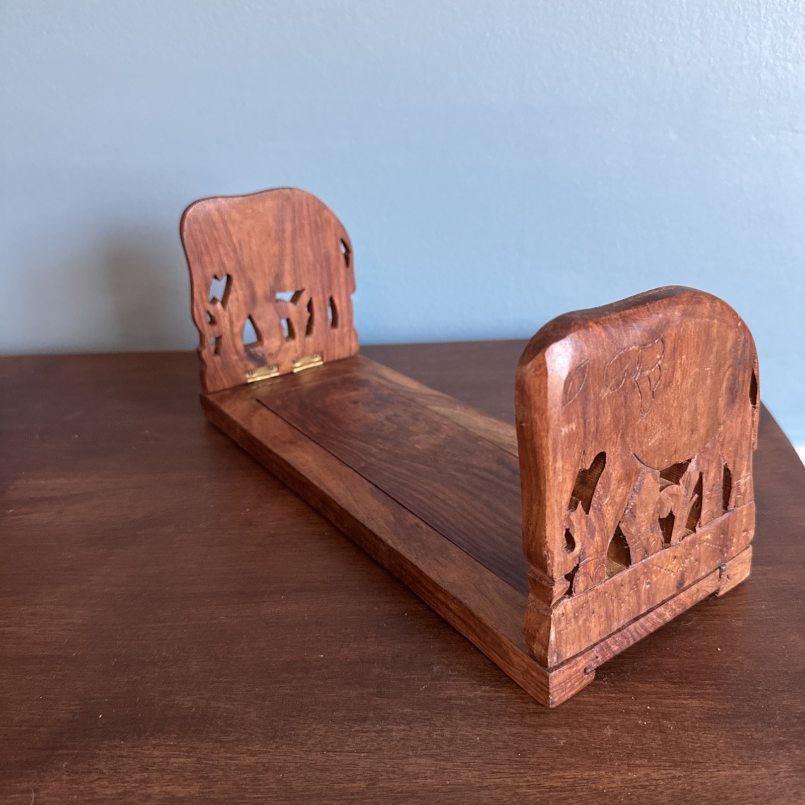 Vintage Hand Carved Wood Elephant Book Ends Sliding Expandable Book Holder Boho