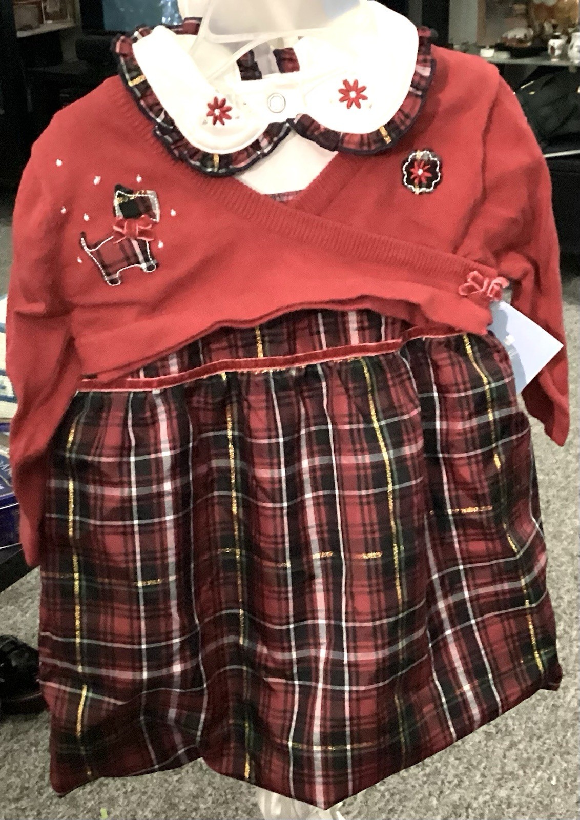 Red Color 3 Piece Dress, 6-9 Months, Scotty Dog Appliqué, Scott Terrier