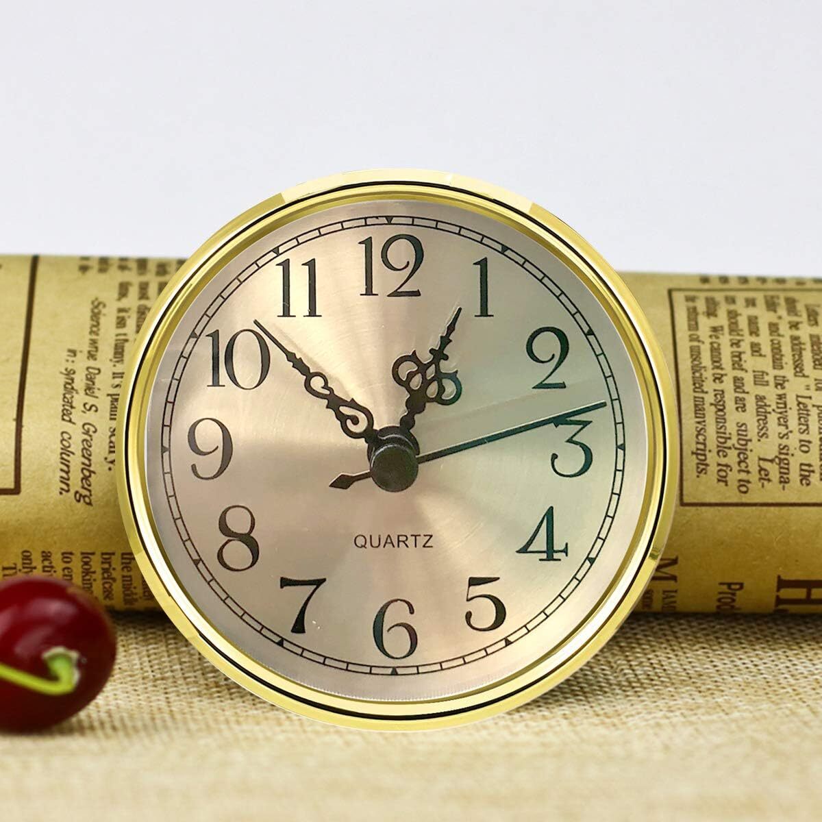 HILLHOME Mini Clock Insert 3-1/2 Inch (90 mm) Round Quartz Fit-up Gold
