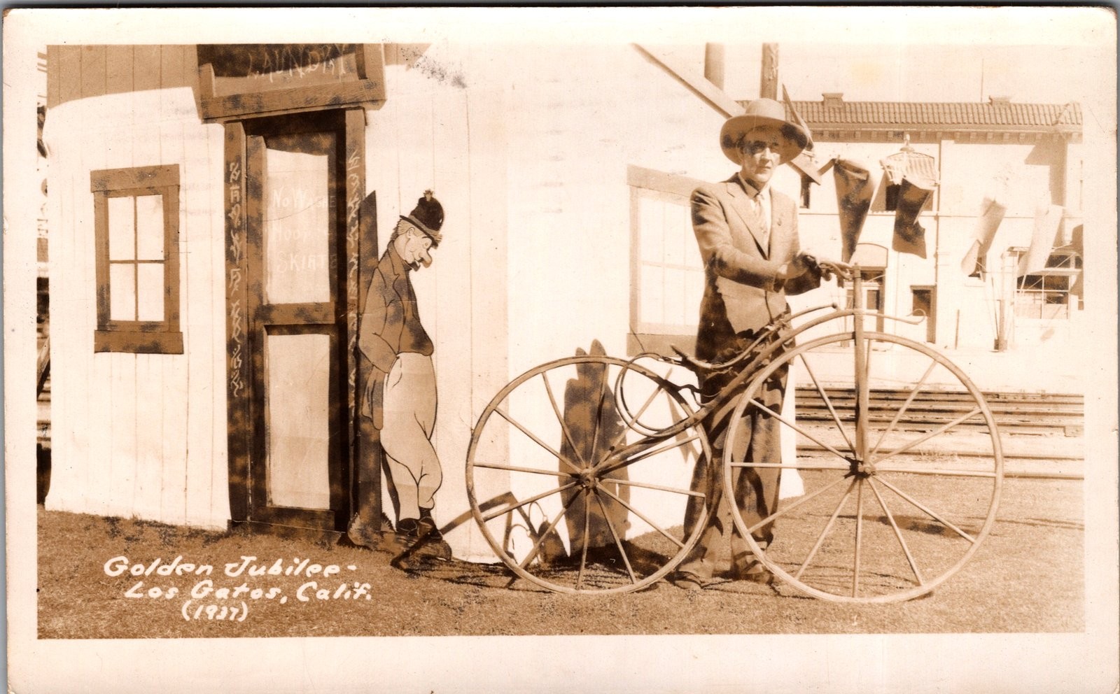 1937 RPPC Los Gatos California Golden Jubilee Bicycle Postcard