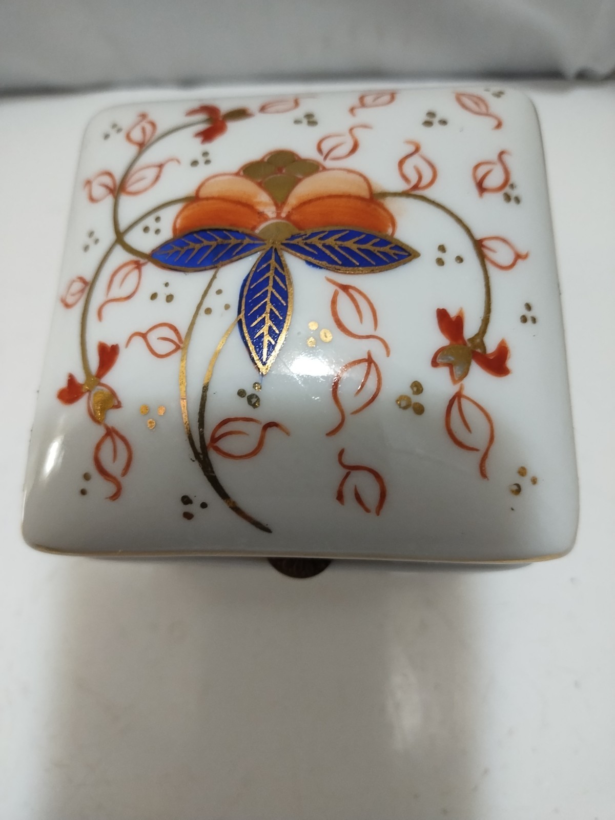 Four Legged Porcelain Hinged Square Trinket Box Floral Orange Whimsical Retro