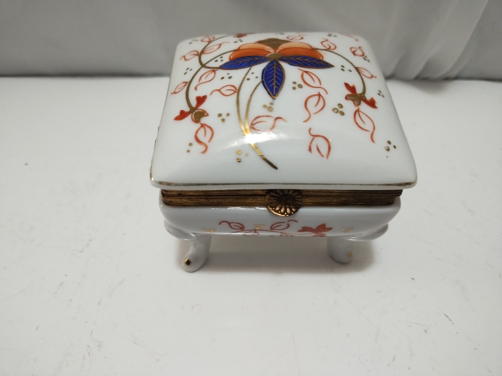 Four Legged Porcelain Hinged Square Trinket Box Floral Orange Whimsical Retro