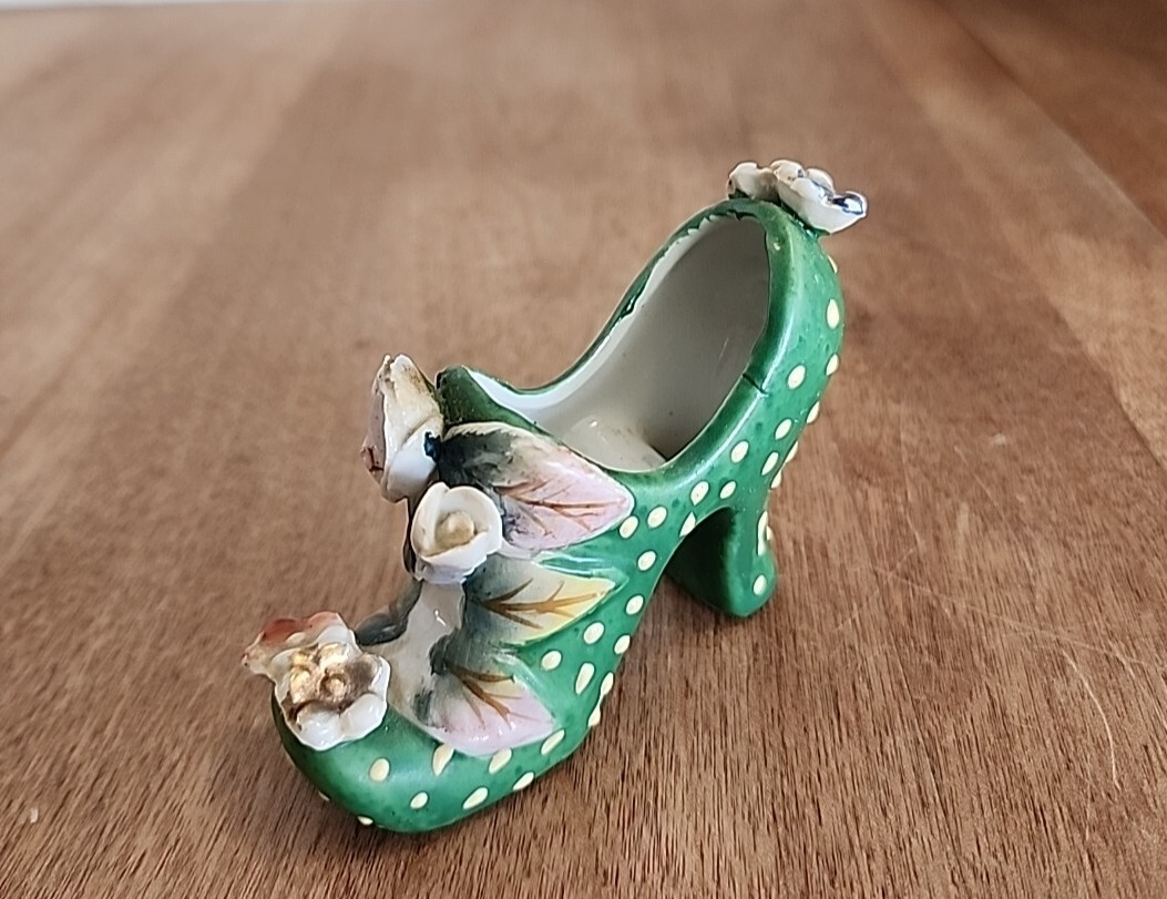 Green High Heeled Shoe Polka Dots and Flowers Vintage Japan Pottery