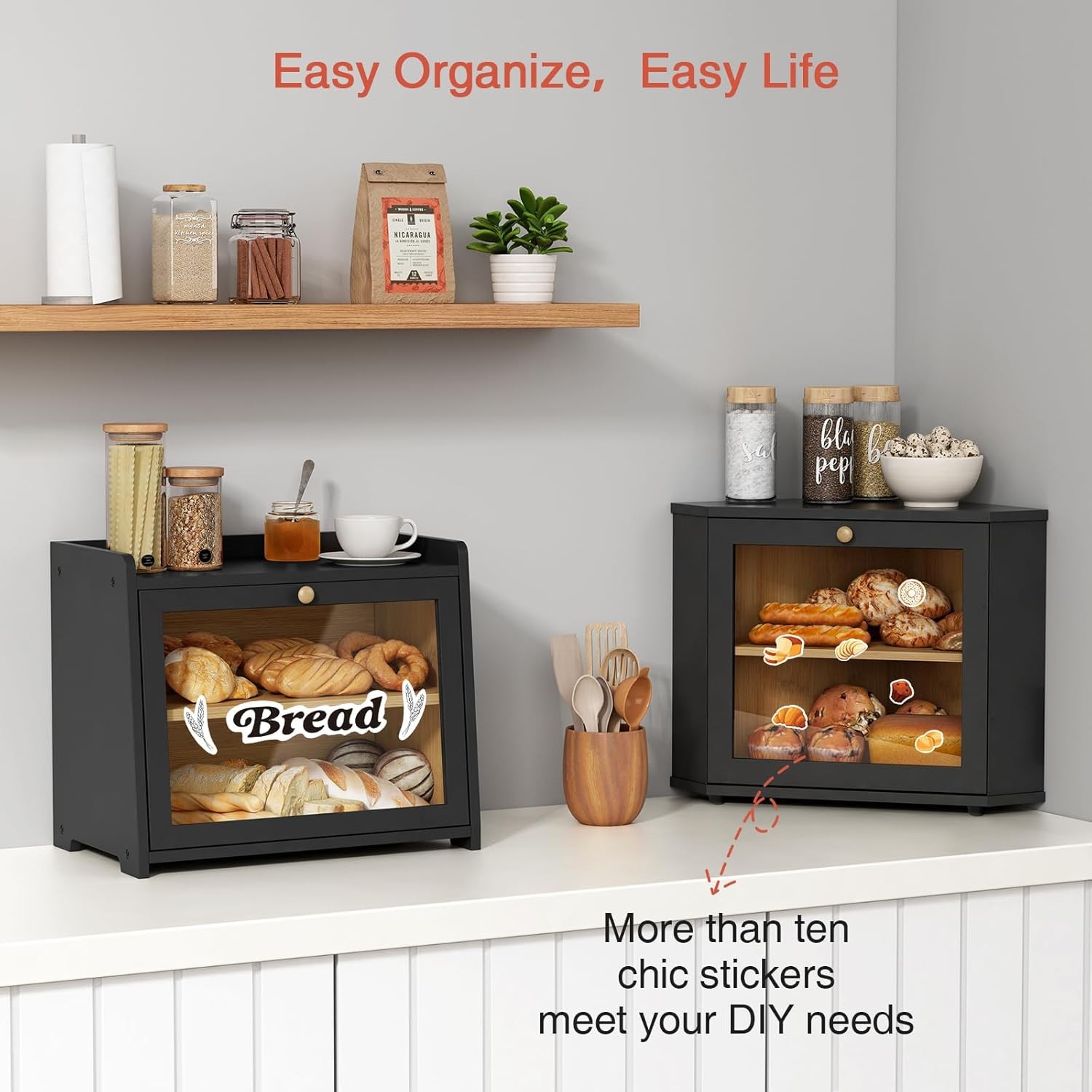 Kitchen countertop corner bread box, pantry shelf