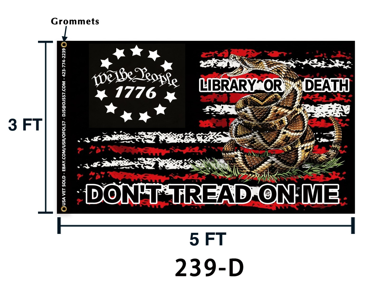 A 239D 1776 WE THE PEOPLE – Two Sided – Gadsden Don’t Tread on Me 3×5 Flag