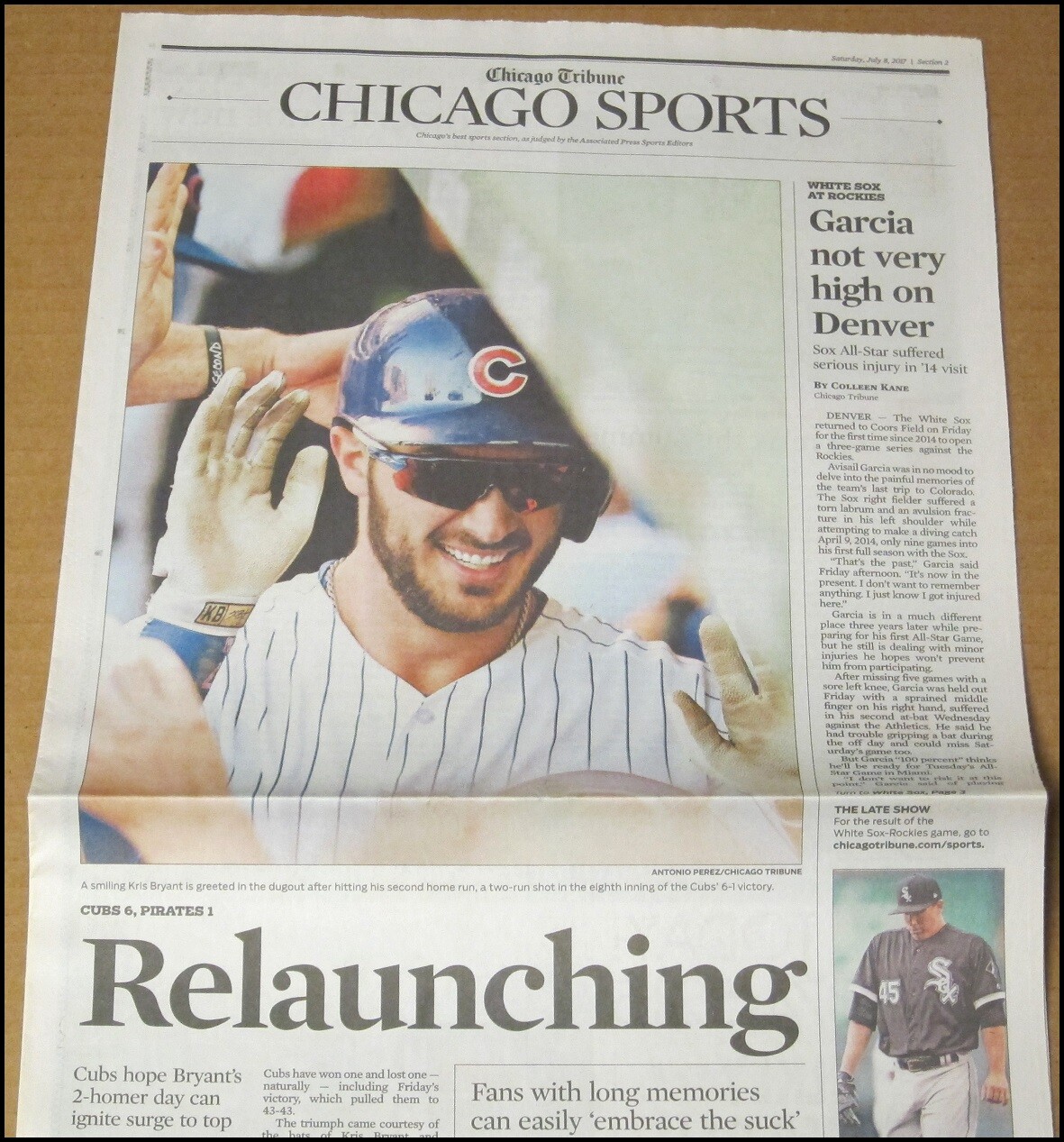 7/8/2017 Chicago Tribune Newspaper Kris Bryant Cubs Home Run 2 HRs vs Pirates