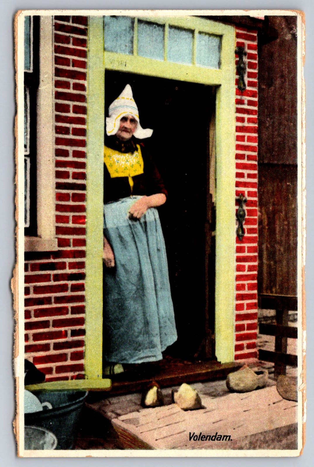 Volendam Netherlands Older Woman Traditional Dutch Clothing Wood Shoes Antique