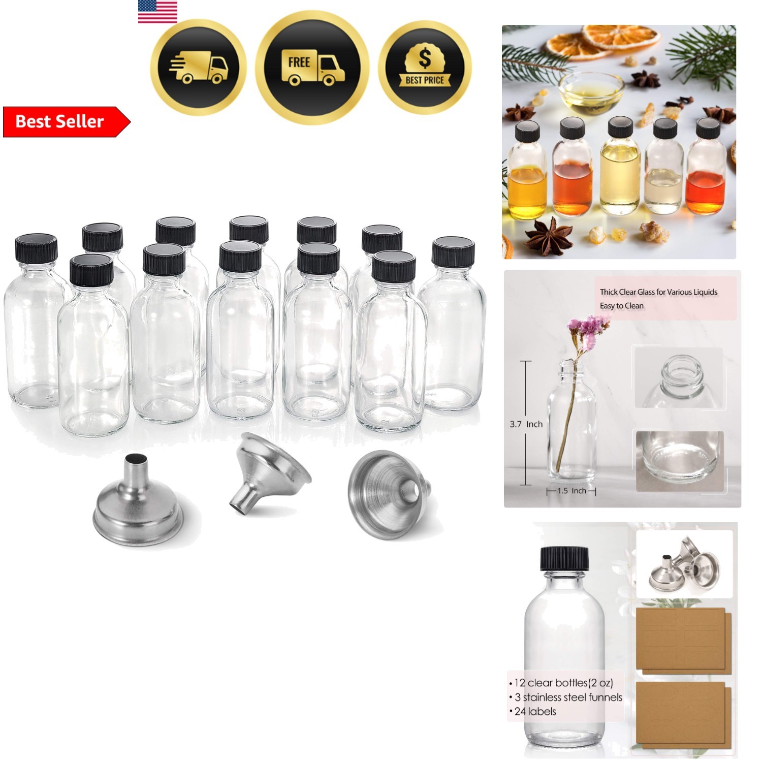 Glass Bottles Small Clear 2oz with Lids Funnels Labels 12 Pack