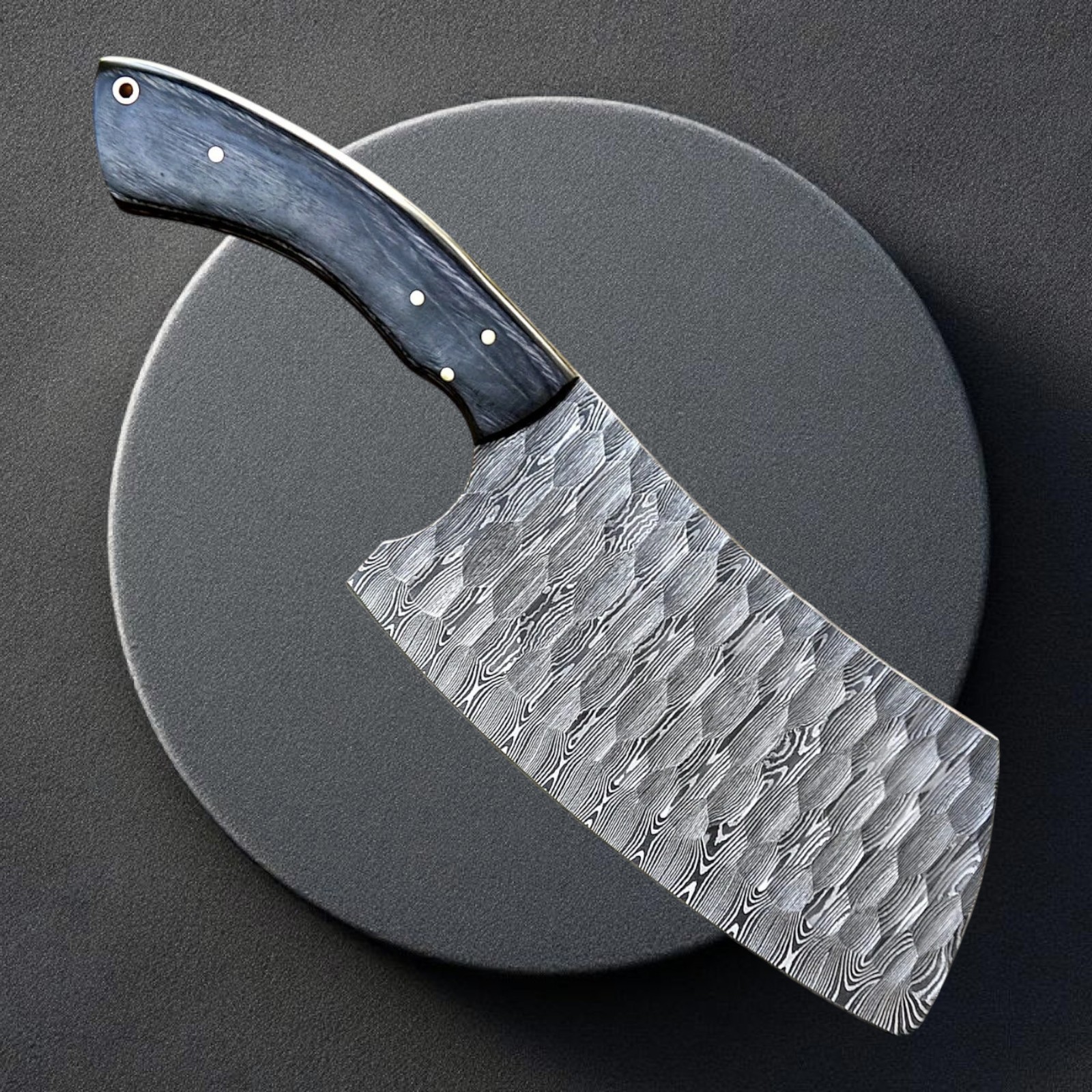 Custom Hand Forged Damascus Cleaver Bold Raindrop Gray Pakkawood Meat Chopper