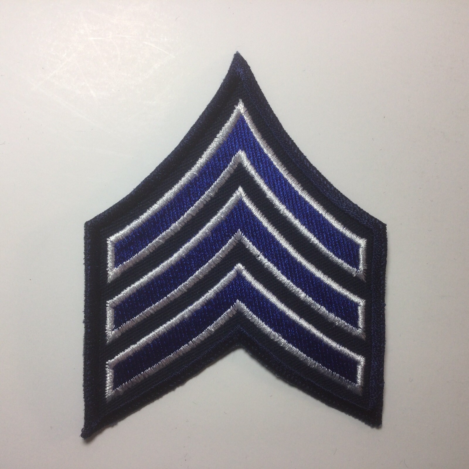 (2) Sergeant Chevron – 3″ Wide – 3 White/Royal Stripes on Dk Navy (Navy Border)