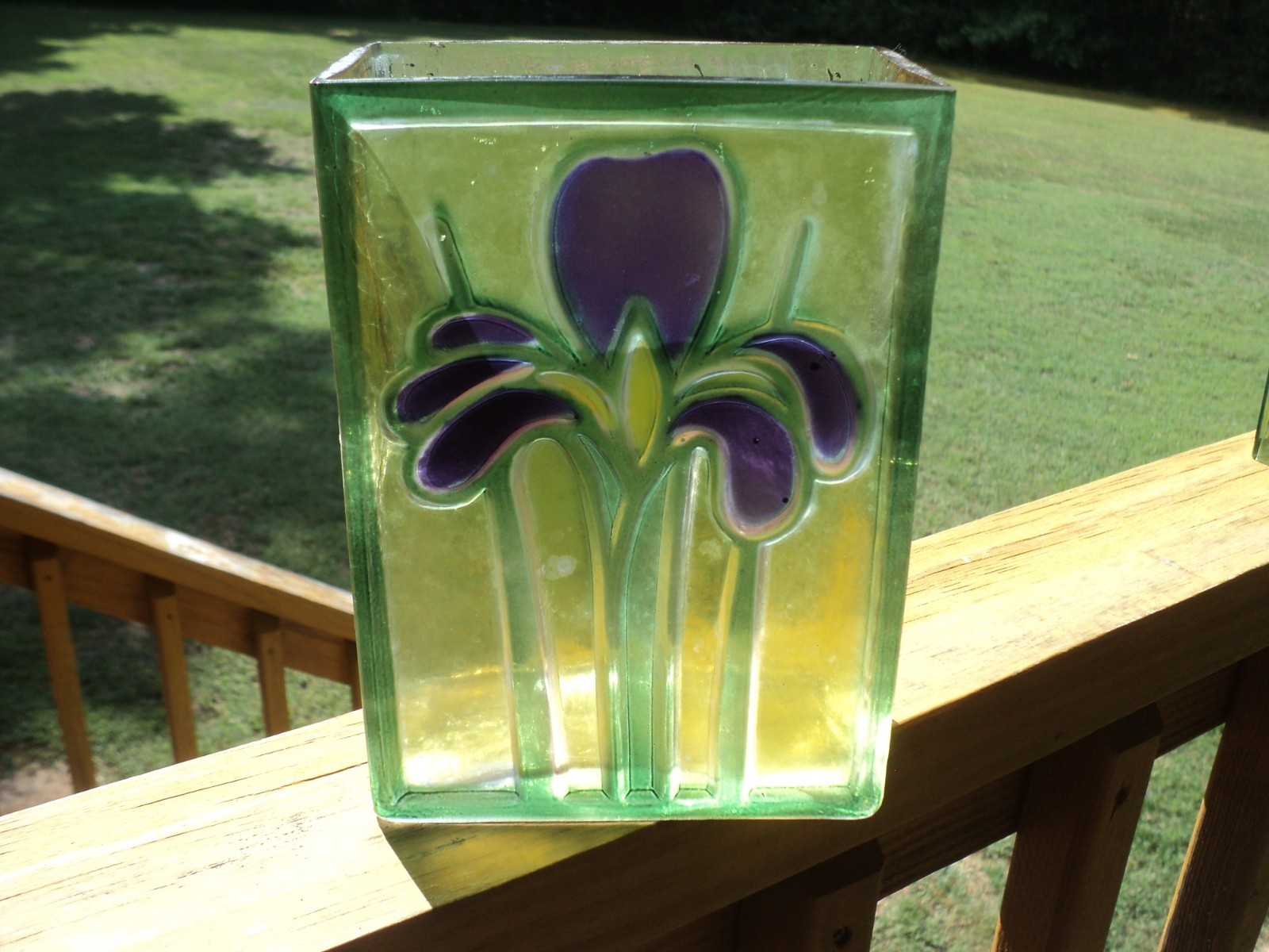 Vintage Fused Stained Glass Vase Iris Flower Texted 7″ × 5″ × 2.5″