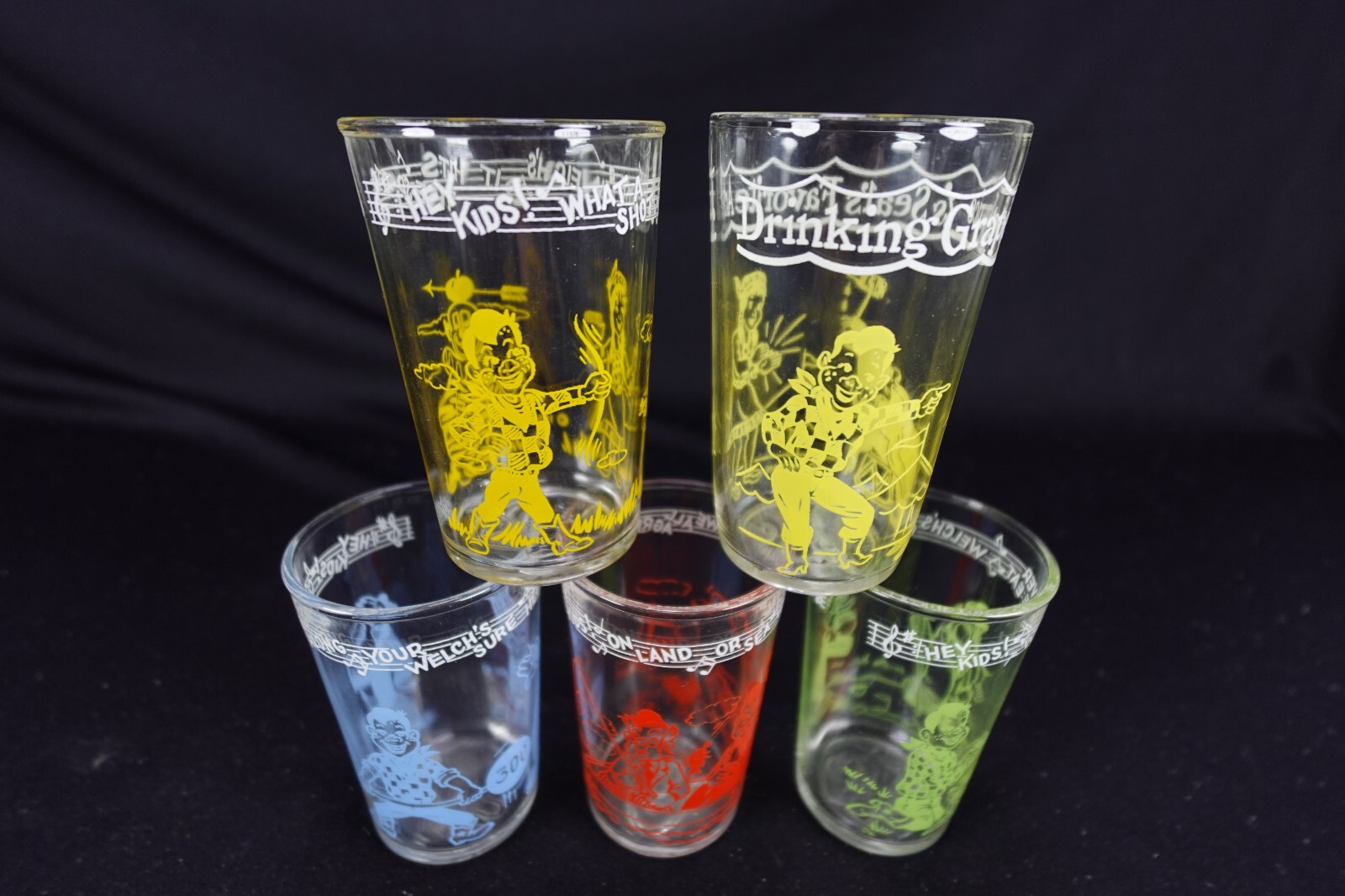 Lot Of 5 Welch’s Juice Glasses Howdy Doody Promotional Tumblers 1950 & 1953