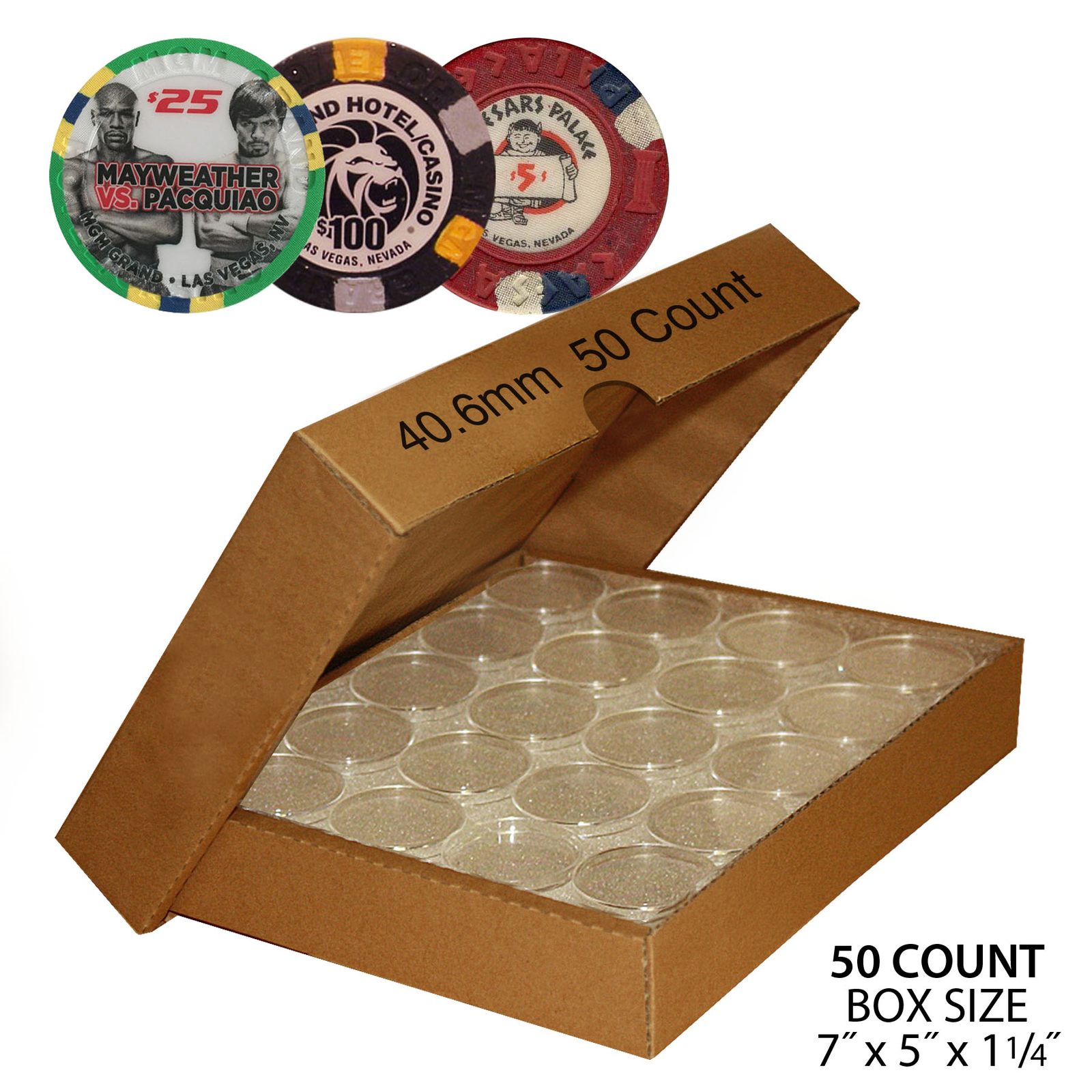 50 Direct-Fit Airtight 40.6mm Capsule Holders For CASINO or POKER Chips with BOX