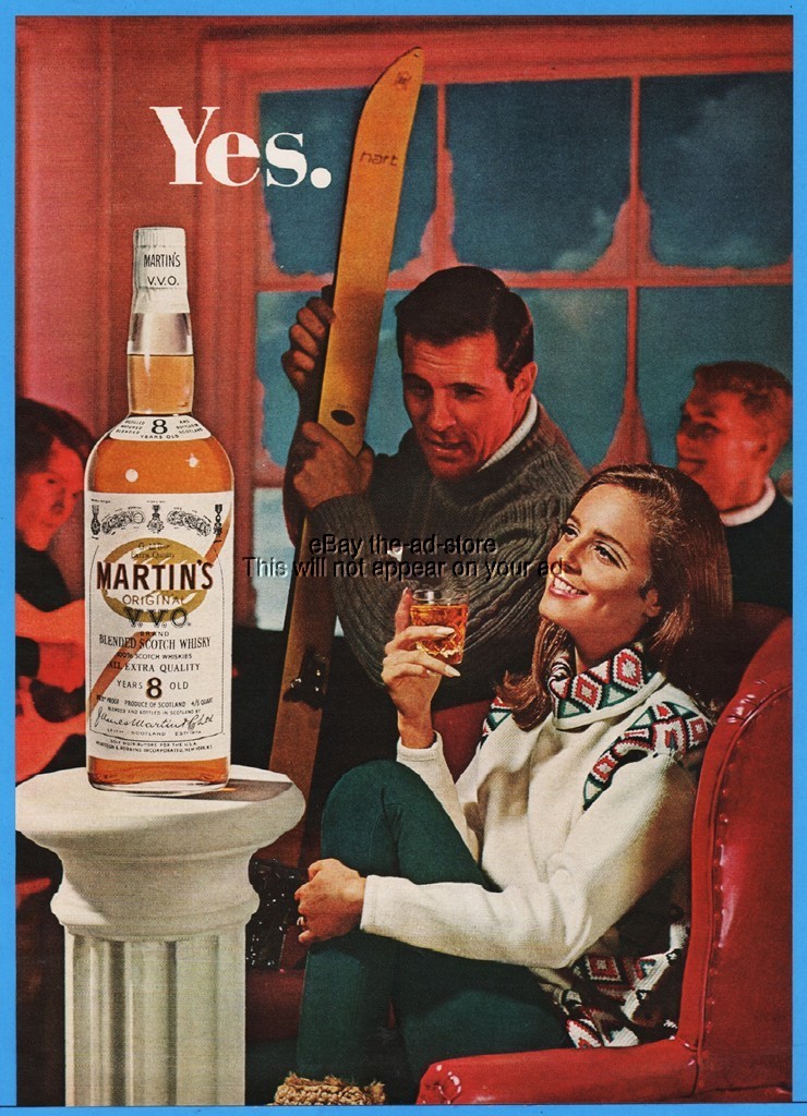 1967 Martins VVO Scotch Whisky Ski Lodge Couple YES Magazine Print Ad