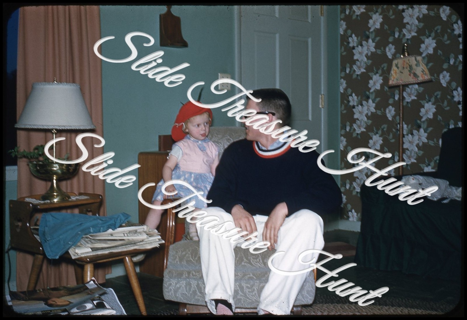 Girl Hat Man Glasses Father Daughter 35mm Slide 1950s Red Border Kodachrome