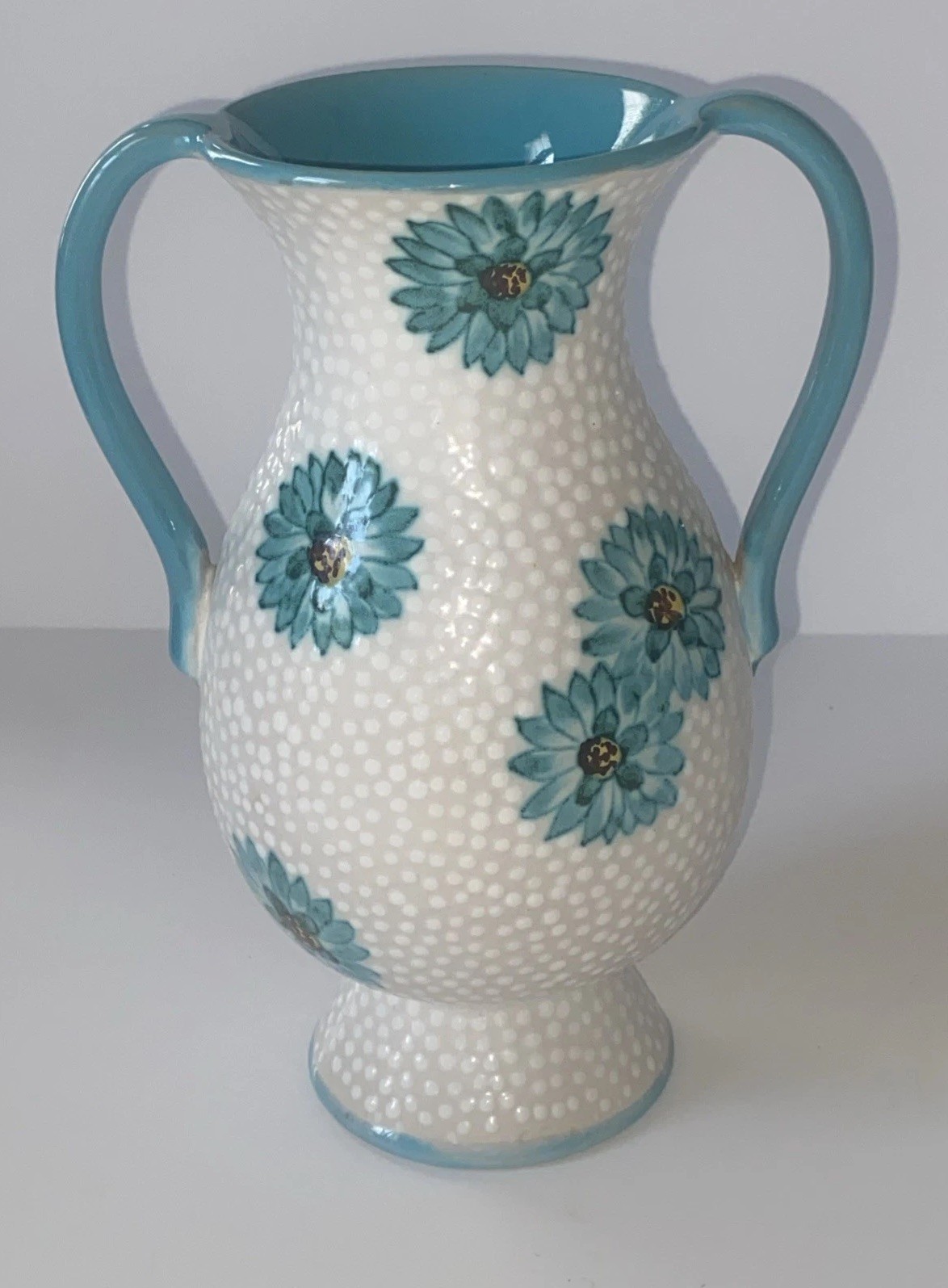 VTG Made In Italy Earthenware Pottery Textured Dotted Swiss Floral Vase Handles