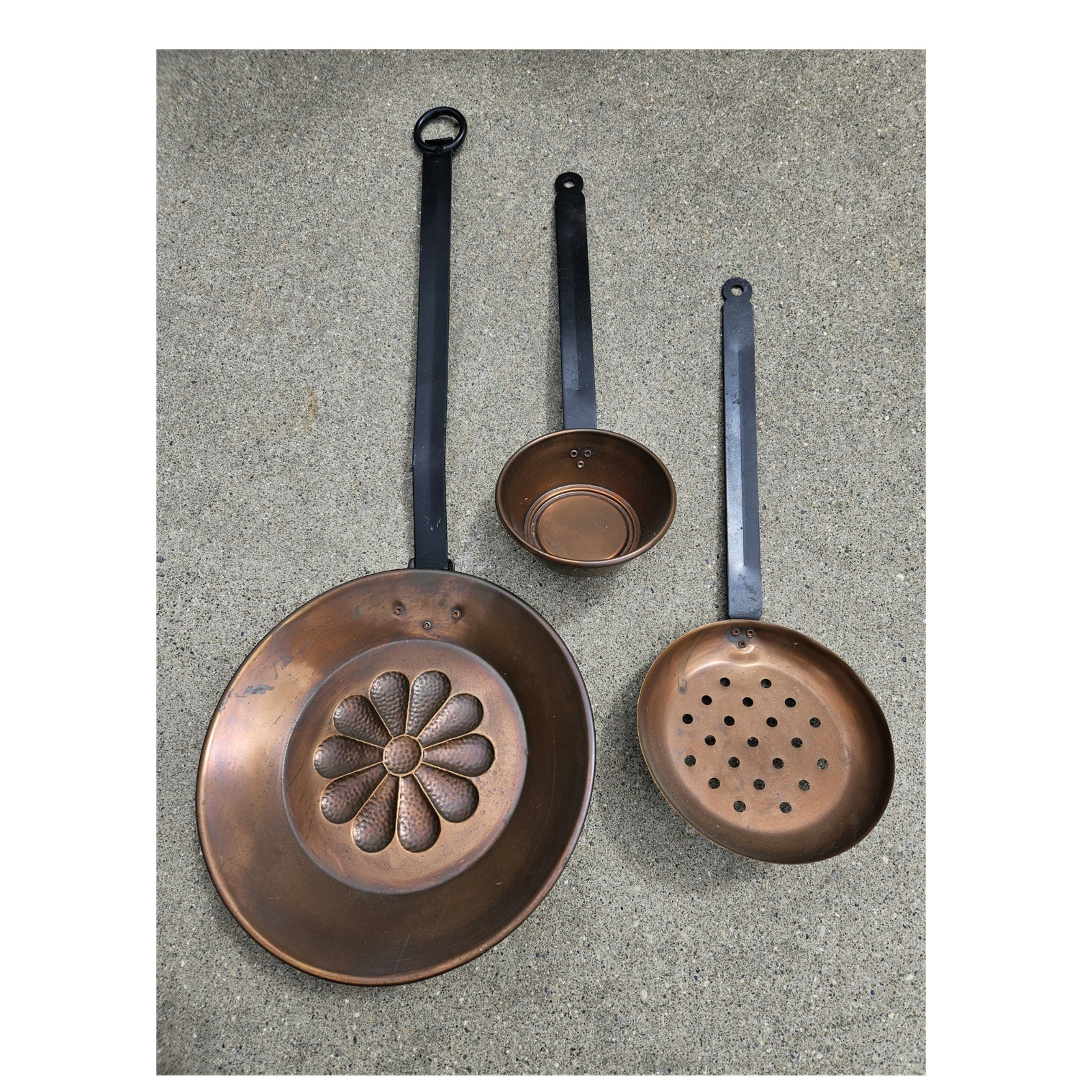 Vintage Copper Set with Black Handles, Kitchen Decor, Wall Hanging
