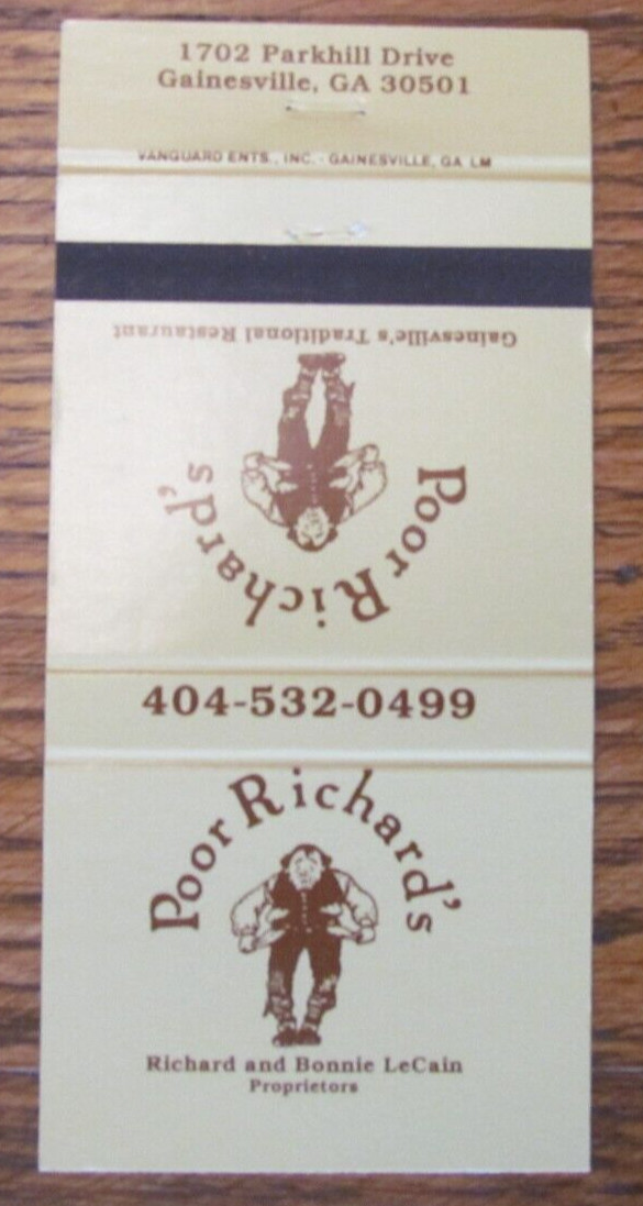 FICTIONAL CHARACTER MATCHBOOK MATCHCOVER: POOR RICHARD’S GAINESVILLE, GEORGIA B4