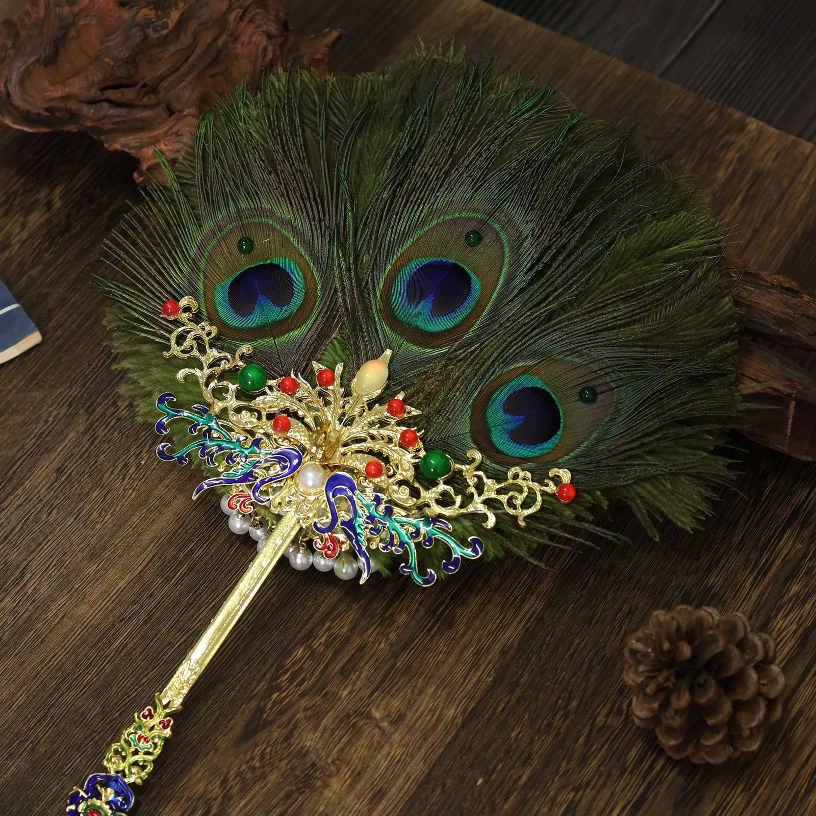 Vintage Peacock Feather Fan Chinese Hanfu Prop 25×30Cm