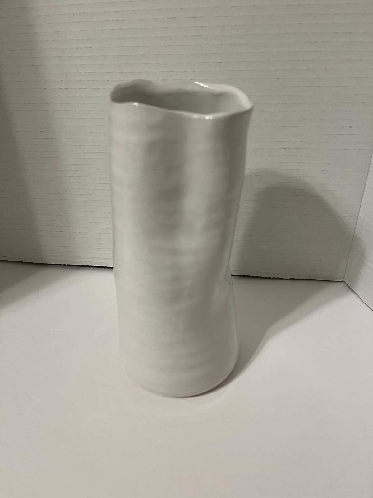 Asymmetrical White Ribbed Flower Vase 9 inches