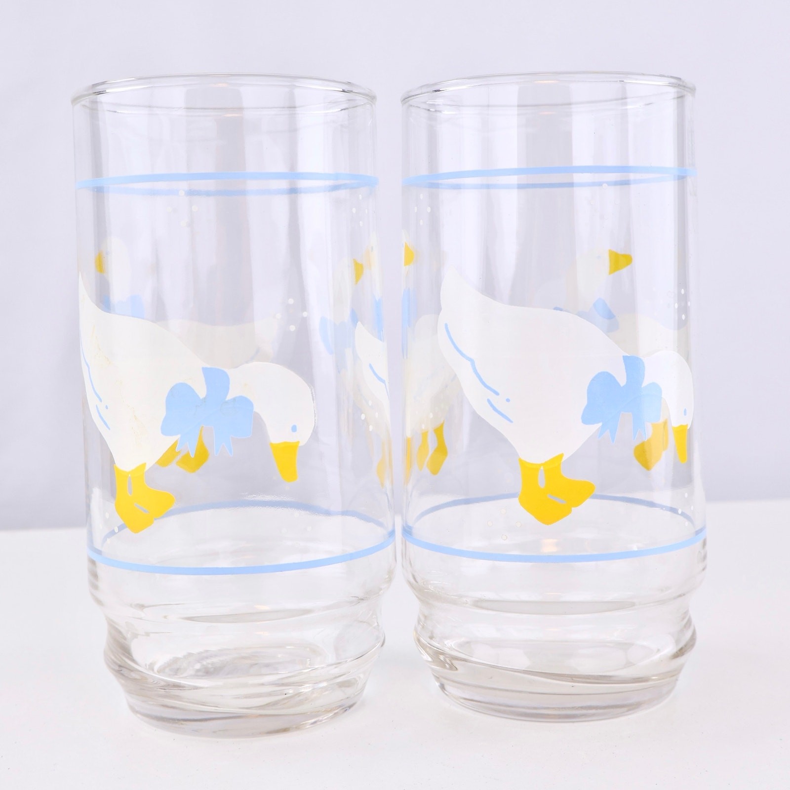 Vintage Libbey Country Goose Drinking Glasses Set of 2 Ducks Blue Bow 1980s