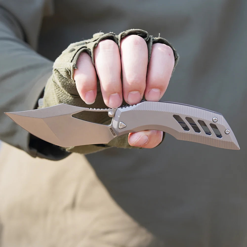 Artisan Dark Wing Folding Knife 3.63″ S35VN Steel Blade Gray Titanium Handle