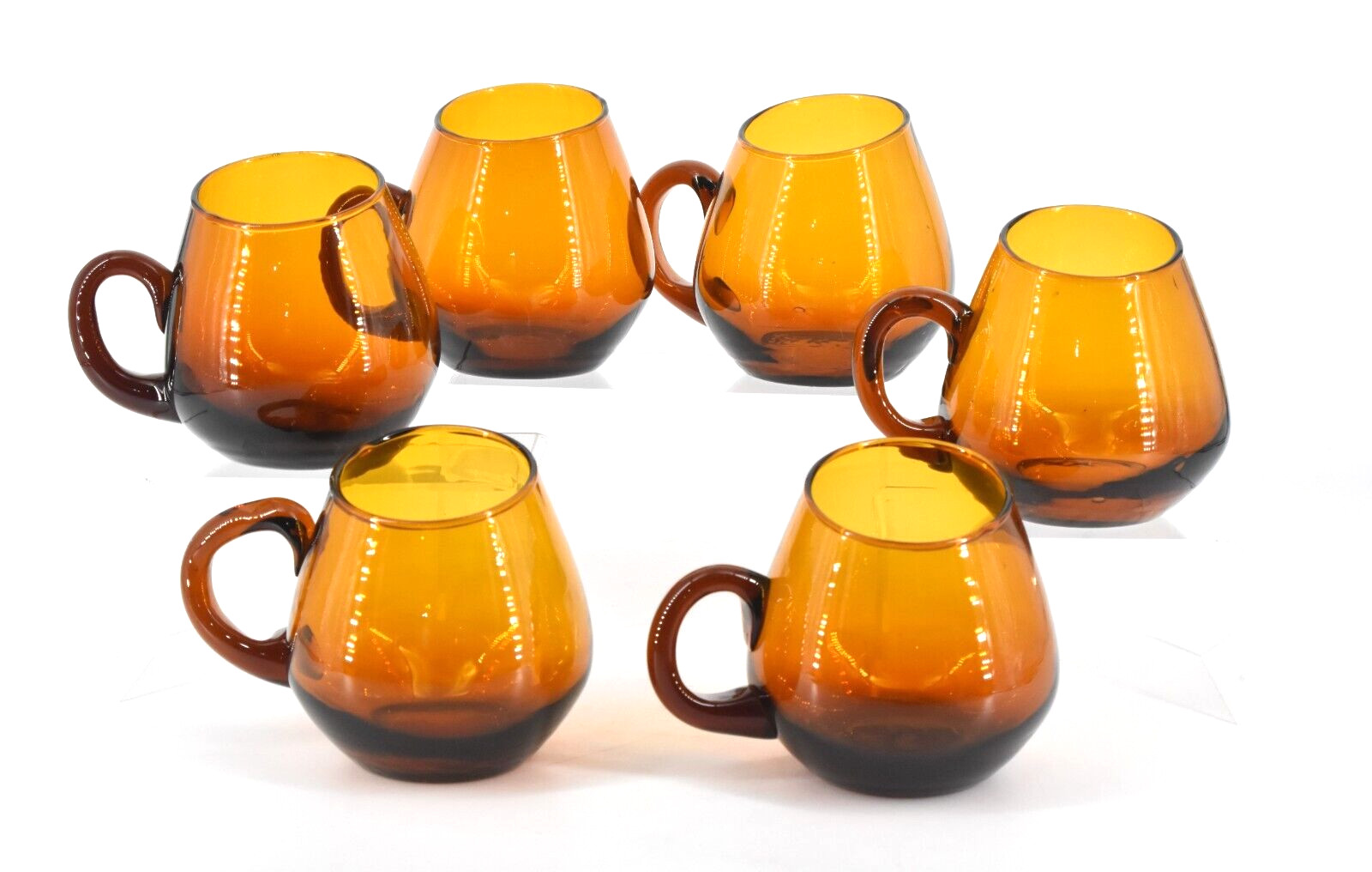 Set of 6 Vintage 70s Amber Handblown Glass Mugs Cups Asymmetrical 4″ Spain