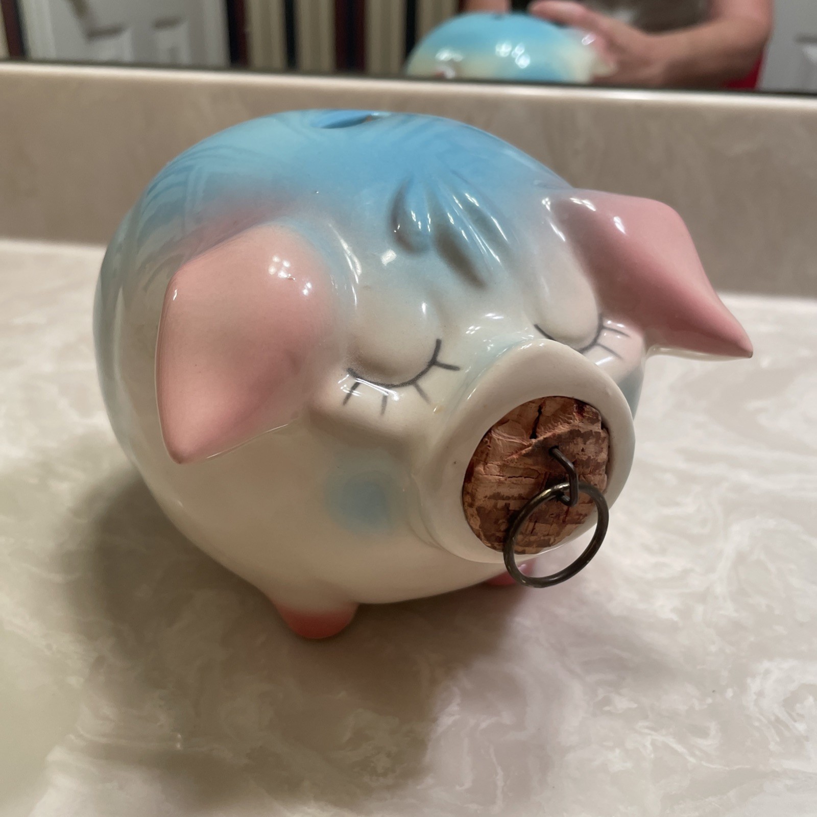 Vintage 1957 Corky Pig Ceramic Piggy Bank Hull Pottery Blue/Pink Original Cork