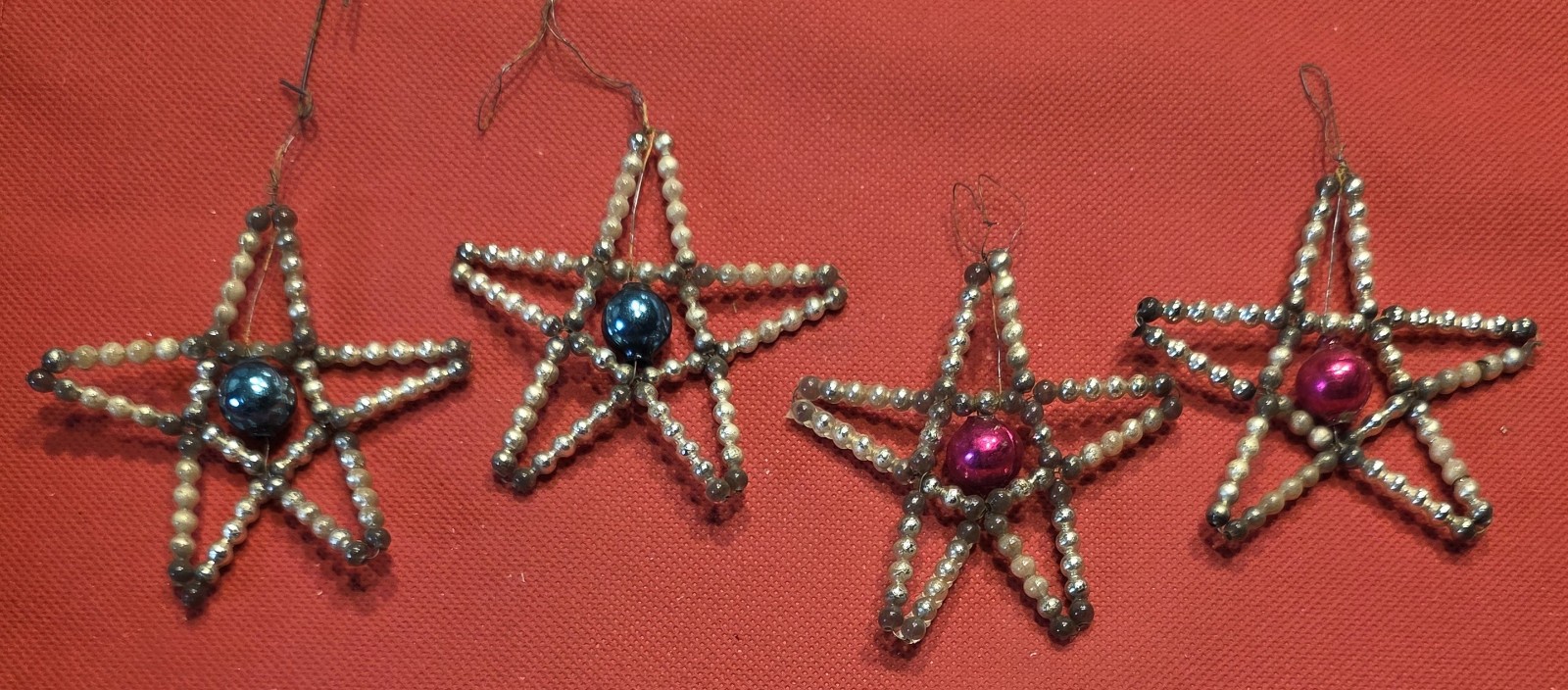 Mercury Glass ~ Sextuple beaded ~ Czech ~ Set of 4 Stars ~ Antique