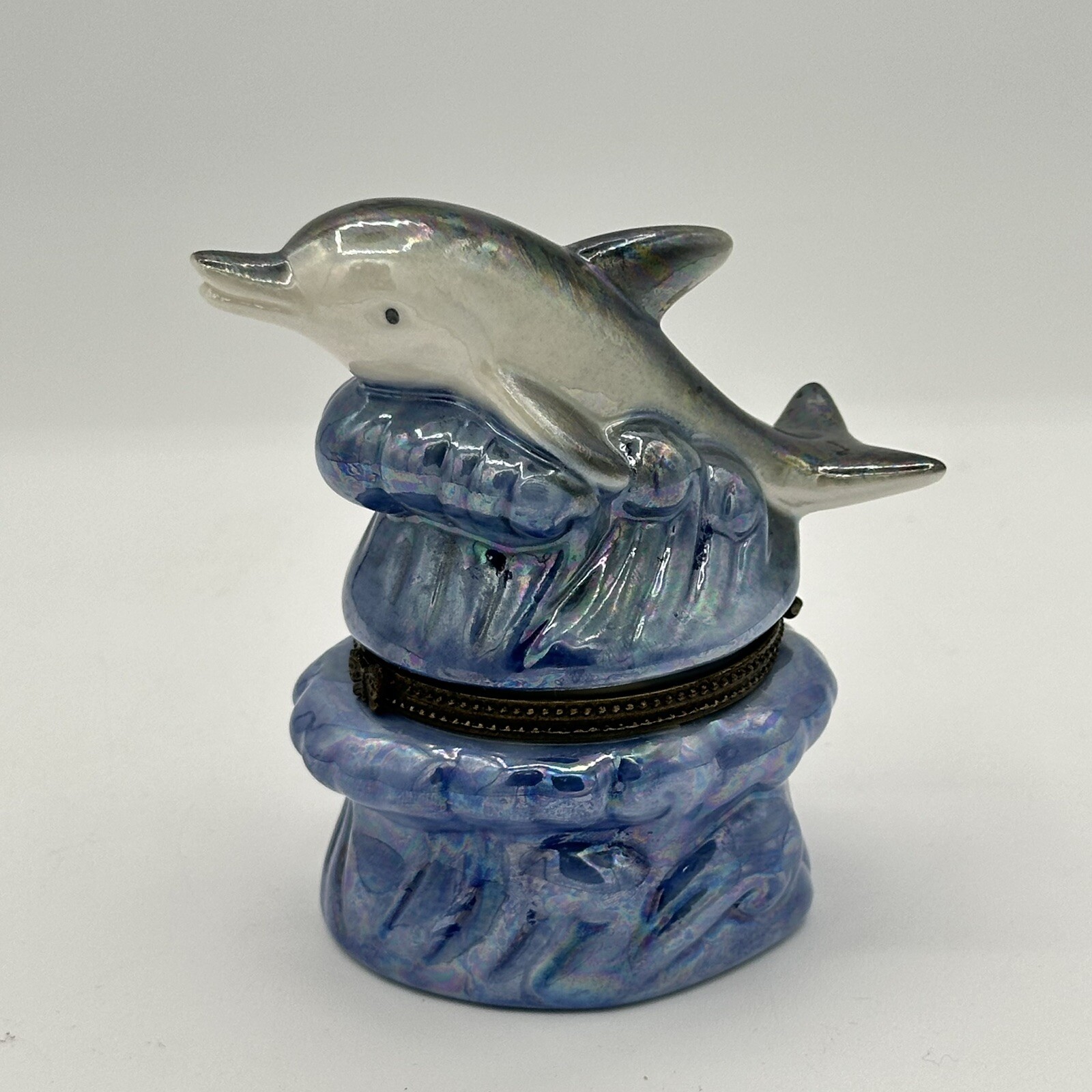 Dolphin Riding The Waves Trinket Box Round Blue White Gray 2.5×4 Inch Nautical