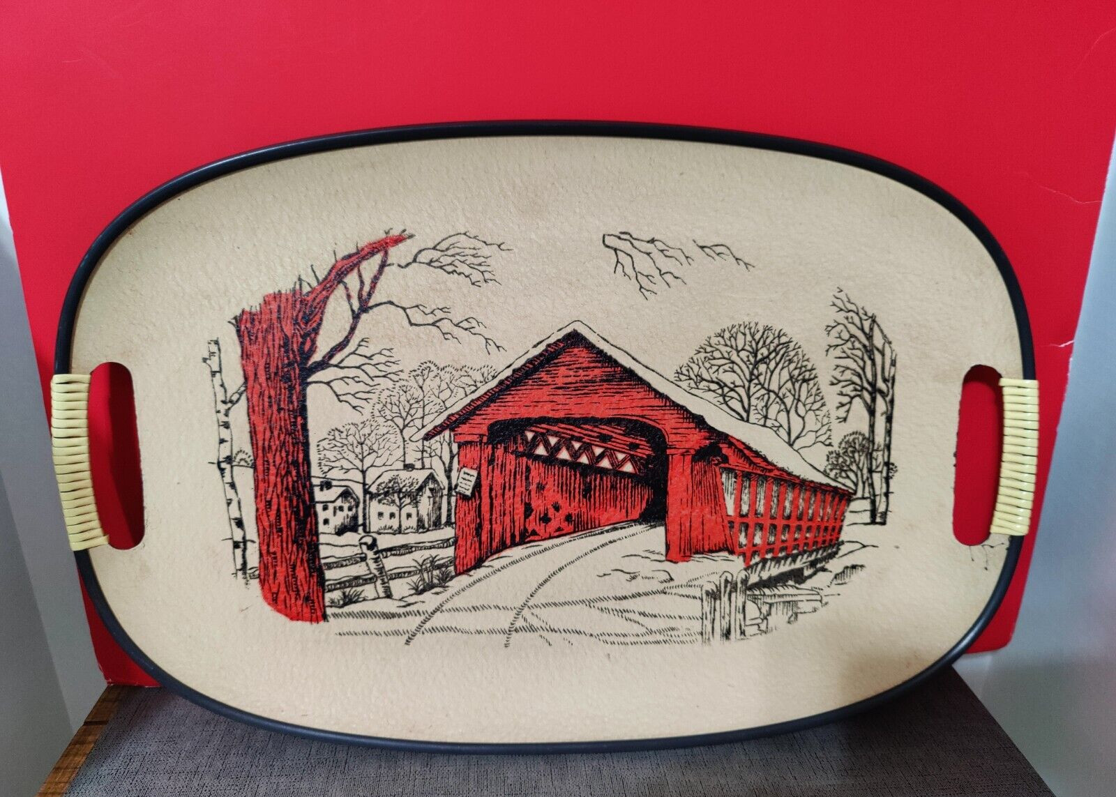 Vintage Serving Tray Covered Bridge Handles Retro Kitchen Decor
