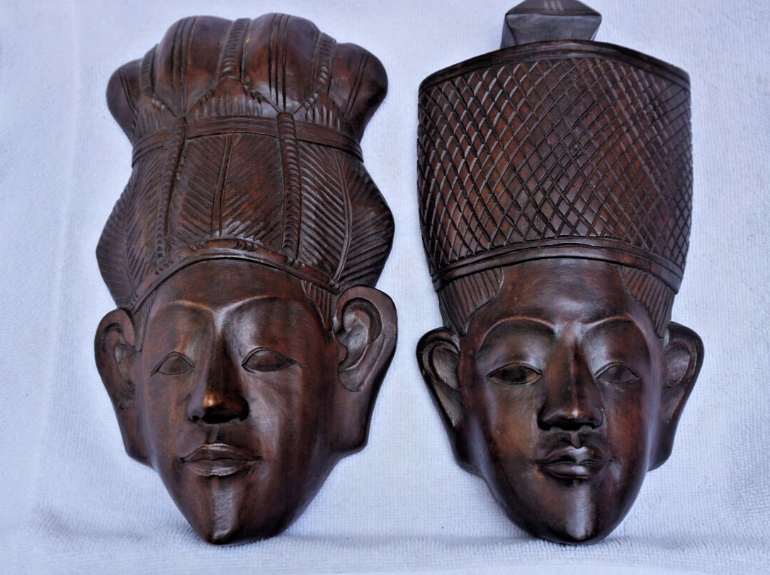 Vtg Pair of African/Egyptian 10 1/2in Hand Carved Dark Solid Wooden Masks