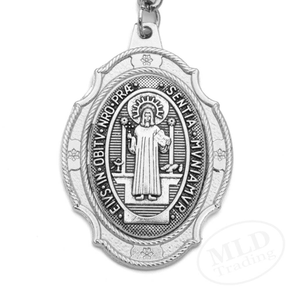 St Benedict Medal Keychain Large Silver Pendant Zinc Alloy Religious Key Ring