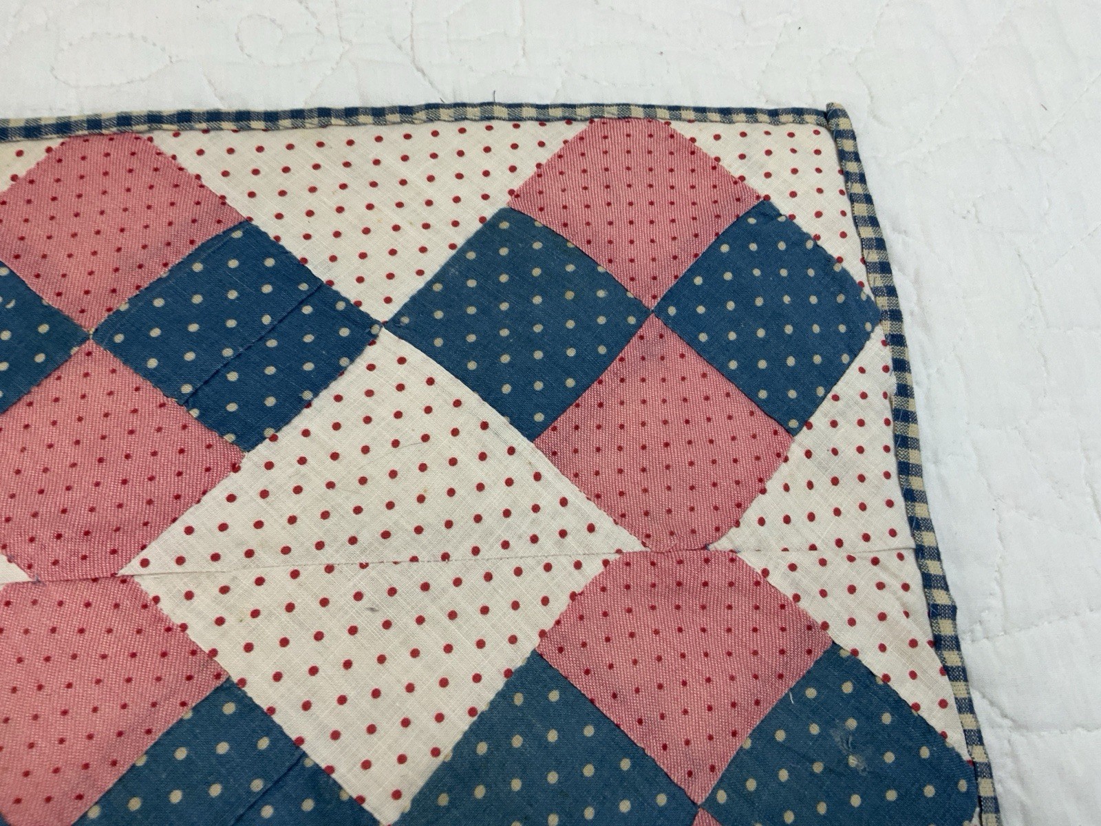 Vintage/Antique Patchwork Quilt Table Topper, Four Patch, Pink, Blue, Dots