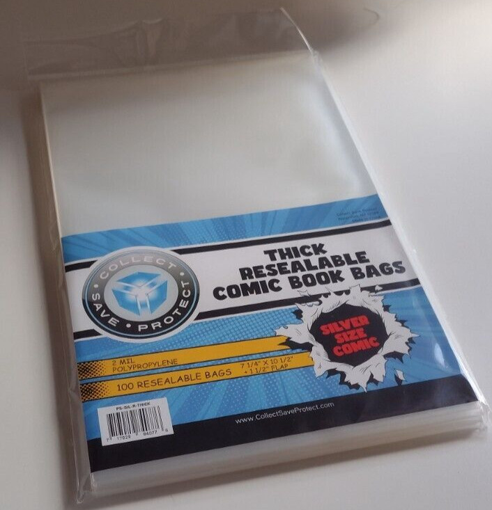 CSP Silver Thick Resealable Comic Book Bags Pkg of 100 No PVC NIP 7 1/4×10 1/2