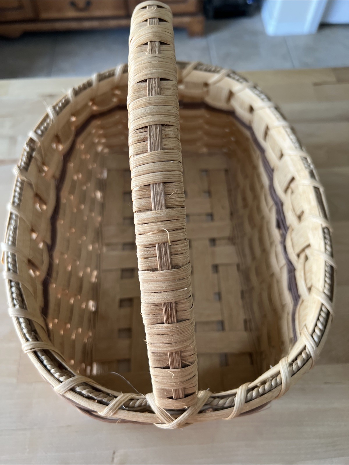 Handmade Split Oak Basket Fixed Handle Double Rim Rustic Farmhouse Primitive 13″