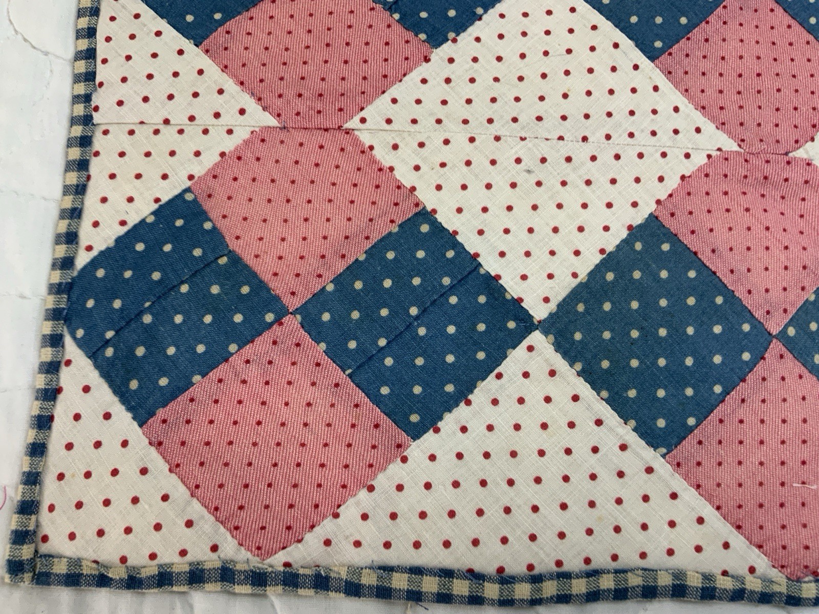 Vintage/Antique Patchwork Quilt Table Topper, Four Patch, Pink, Blue, Dots