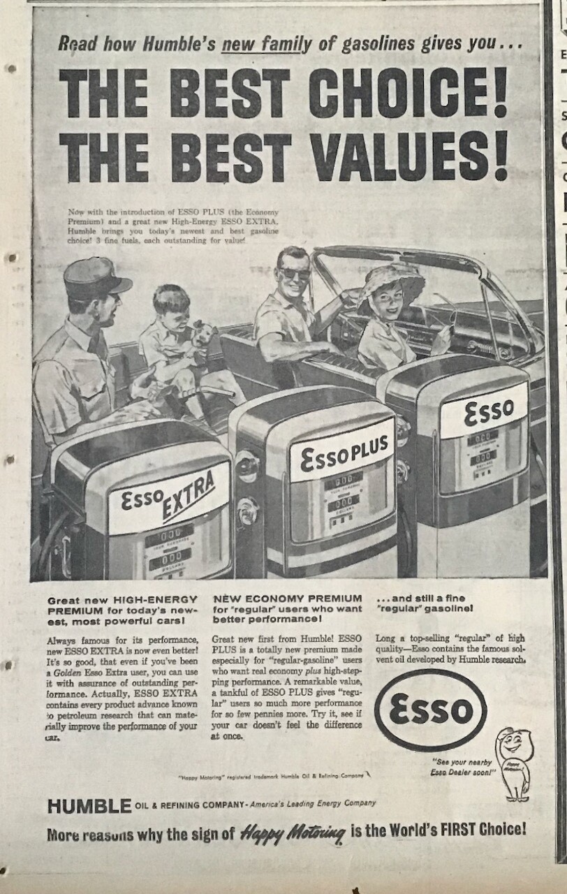 1962 newspaper ad for Esso Humble Gas – Vacationing Family gases up