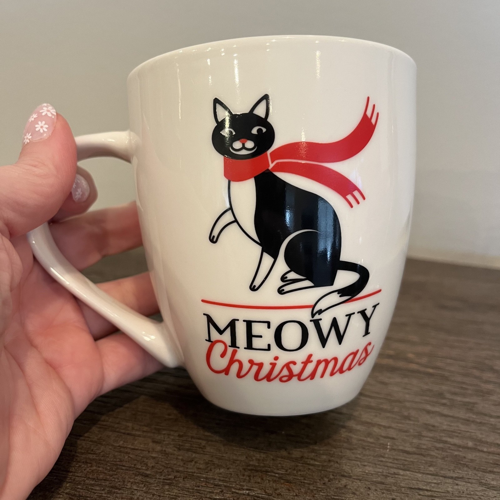 MEOWY CHRISTMAS CAT Coffee Cup Sleigh Bell Bistro 4.25” Mug Black White Red