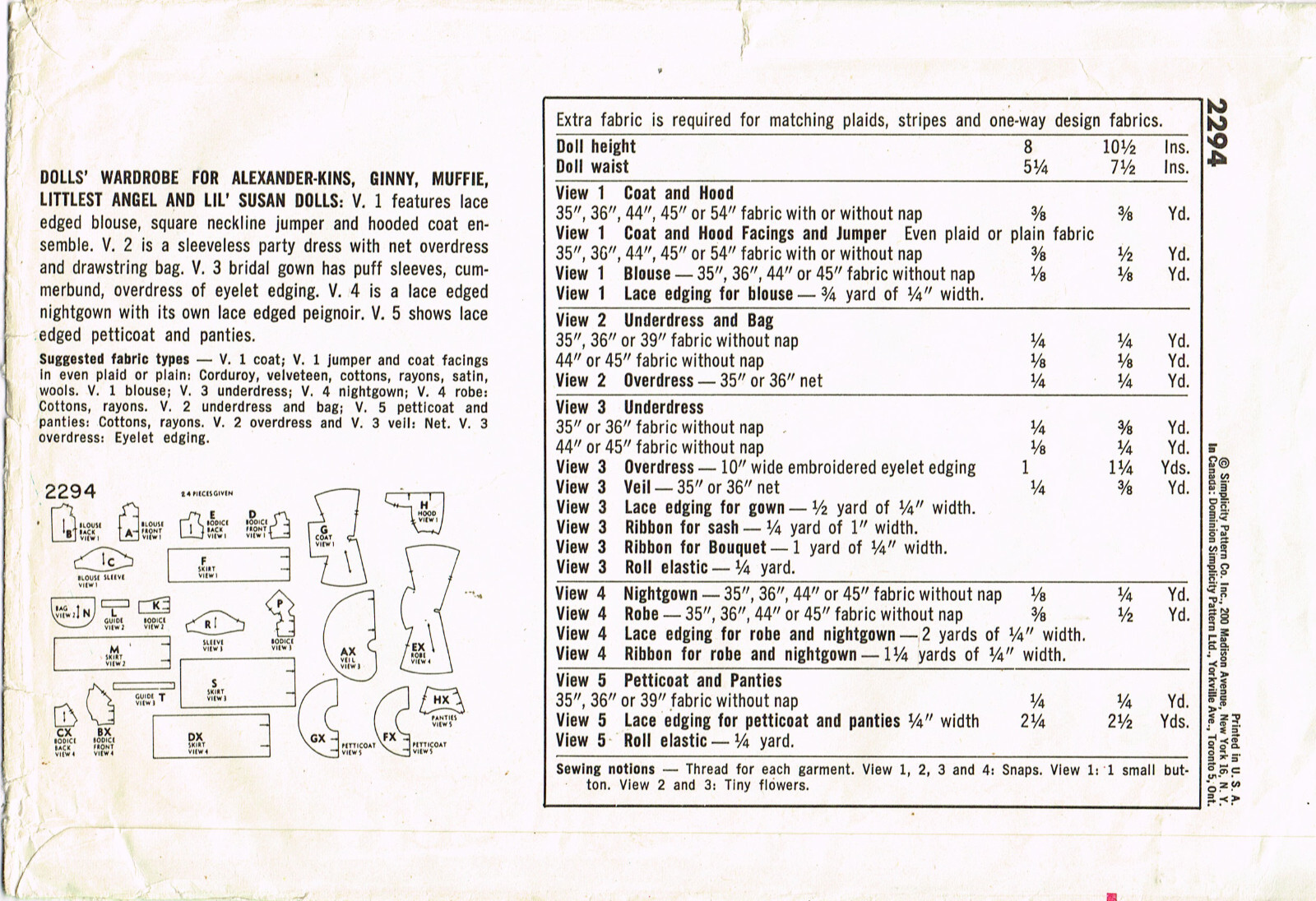 1950s Vintage Simplicity Sewing Pattern 2294 Cute 10.5 In Toddler Doll Clothes