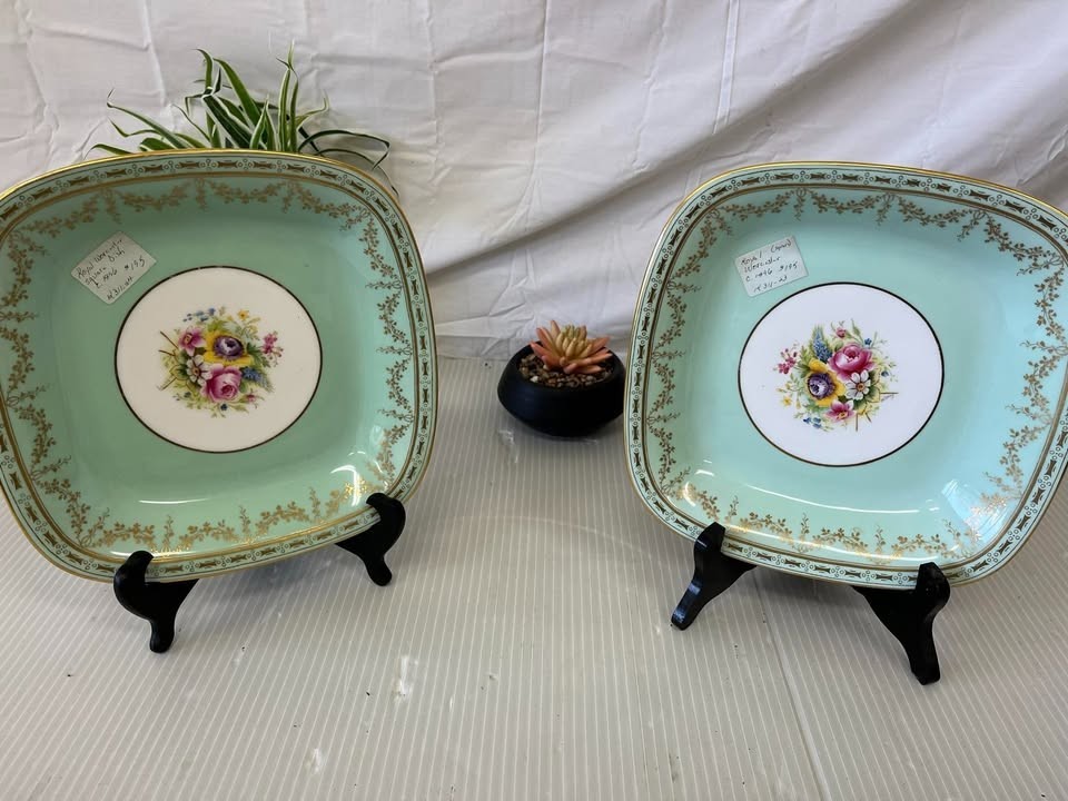 Royal Worcester Porcelain Plate Pair – Aqua Blue with Gold Trim