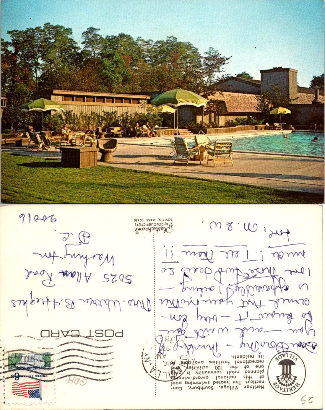 Vintage Postcard Heritage Village Pool Patio Umbrellas Boston MA Mailed Postcard