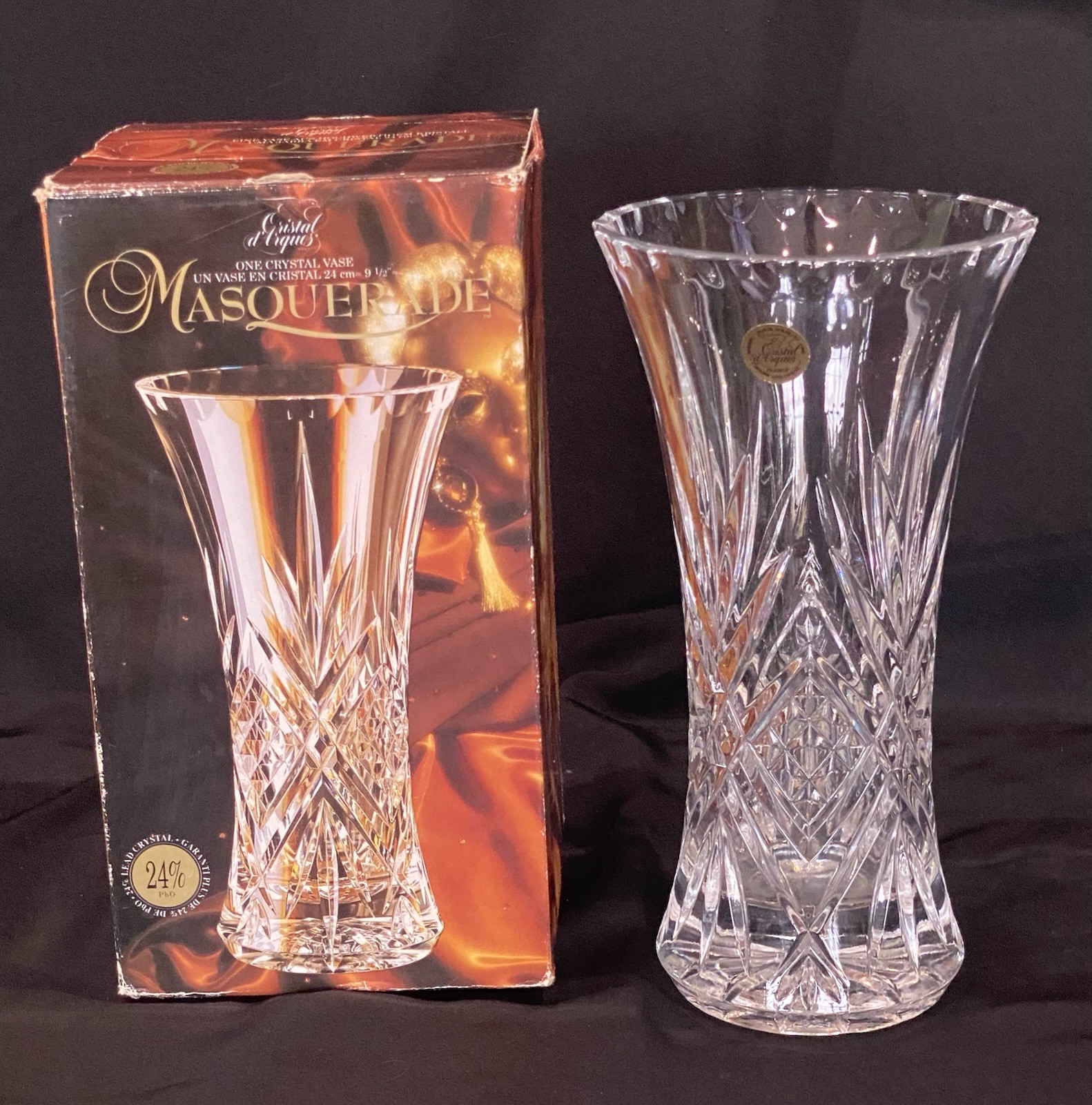 VTG 1991 Cristal D’Arques Galanti MASQUERADE 24kt Crystal Vase 9.25” with Box