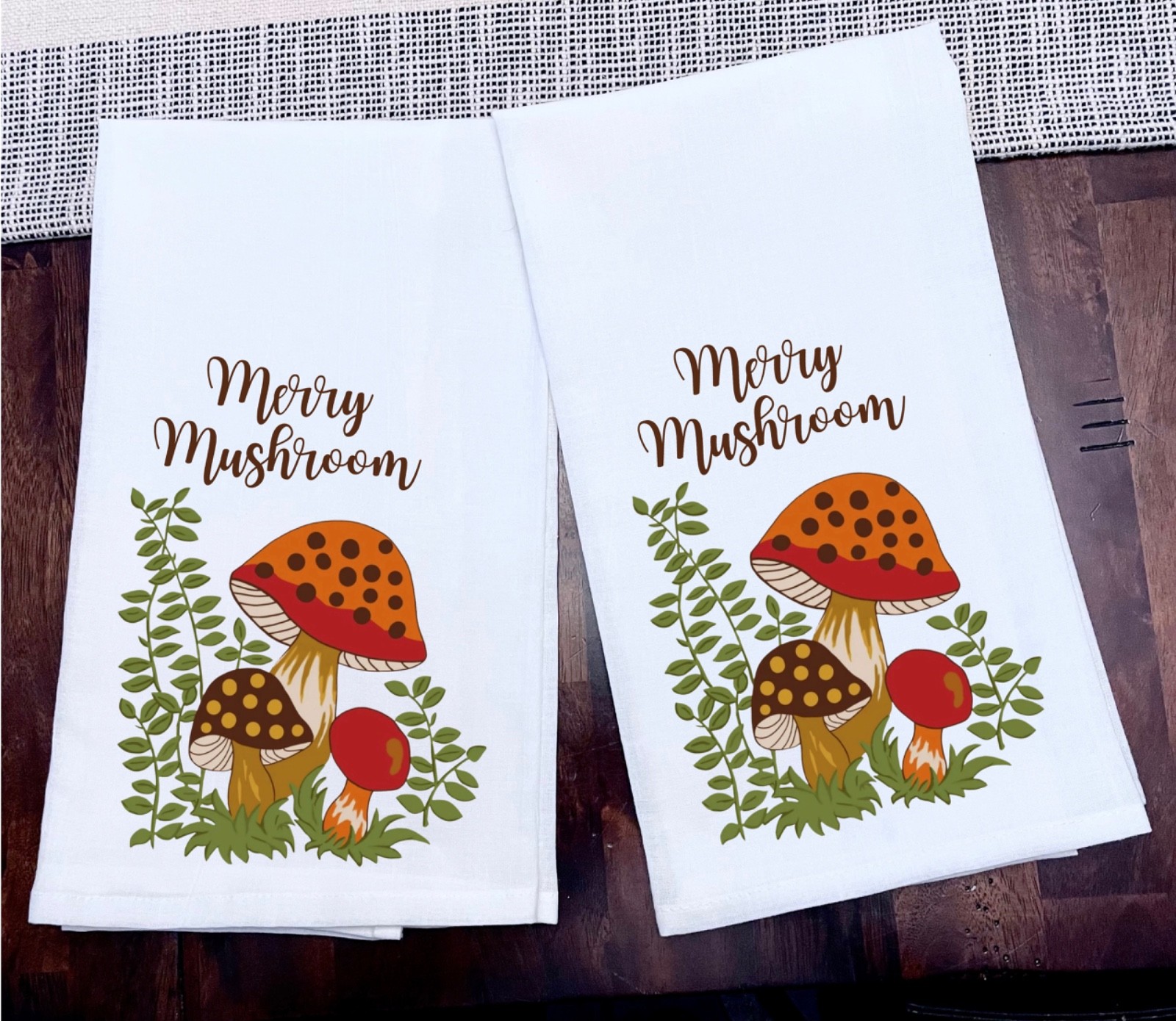 Merry Mushroom Kitchen Towels Tea Towels Ink on 100% Cotton Size 28×28 Set of 2