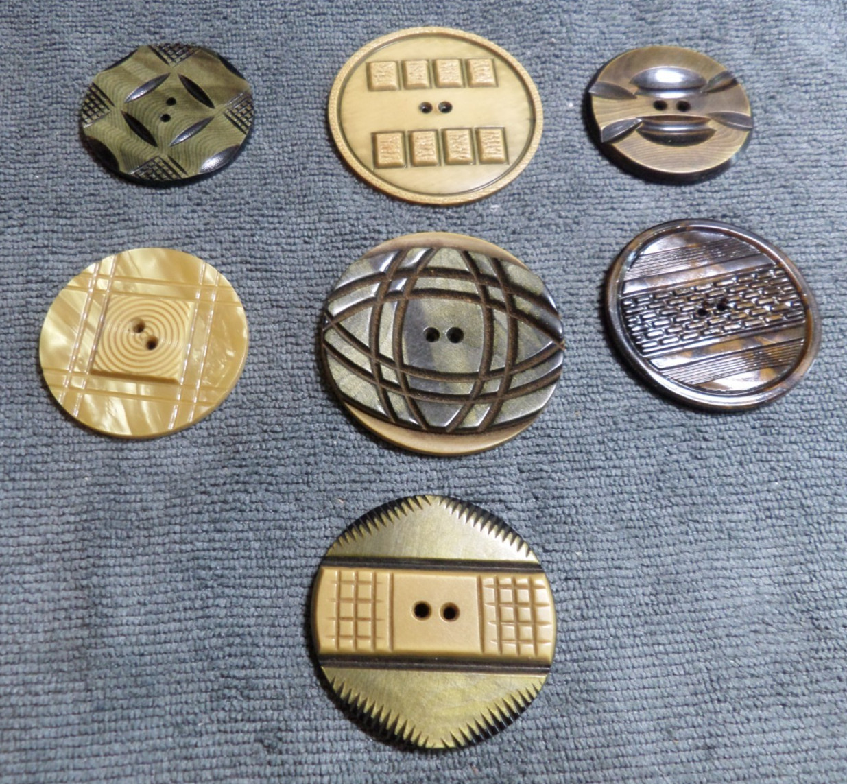 7 Antique Celluloid Carved Wafer Layered Buttons 1-5/8″ to 2-1/8″ Inch