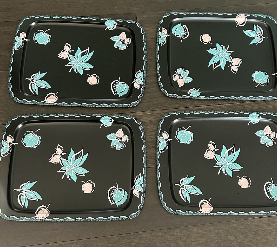 4 Metal TV Trays VTG MidCentury 1950s SET Aqua Pink Black ATOMIC Cal Dak MCM